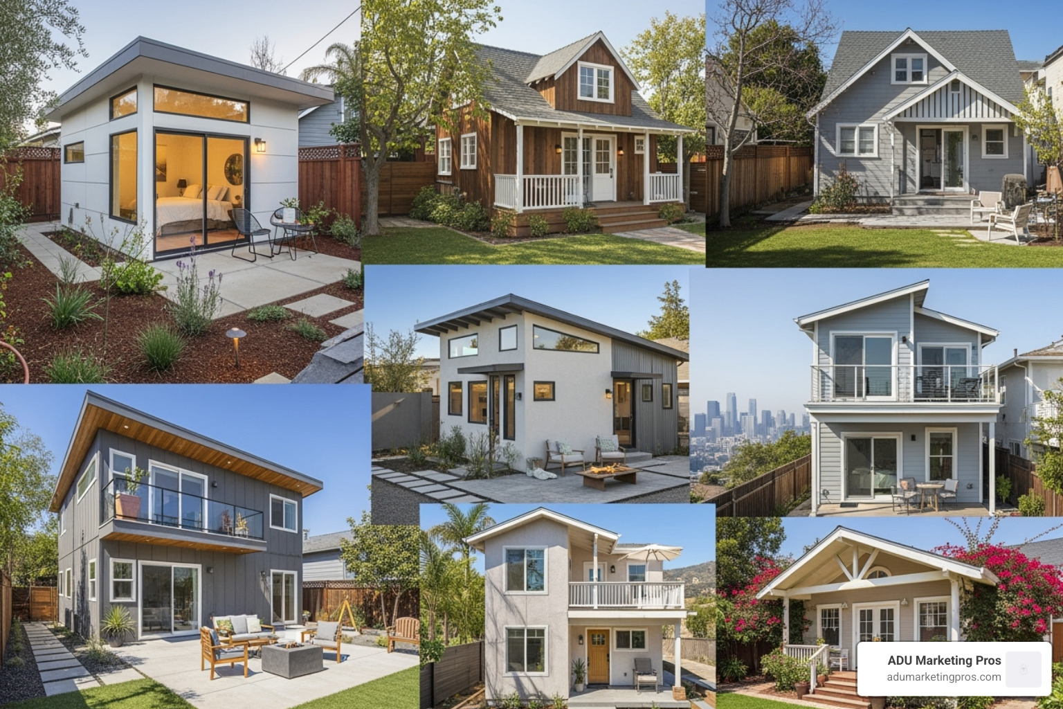 A collage of CA ADU's diverse projects, showcasing a range of architectural styles and ADU sizes, from compact studios to spacious two-bedroom units. - adu architect los angeles