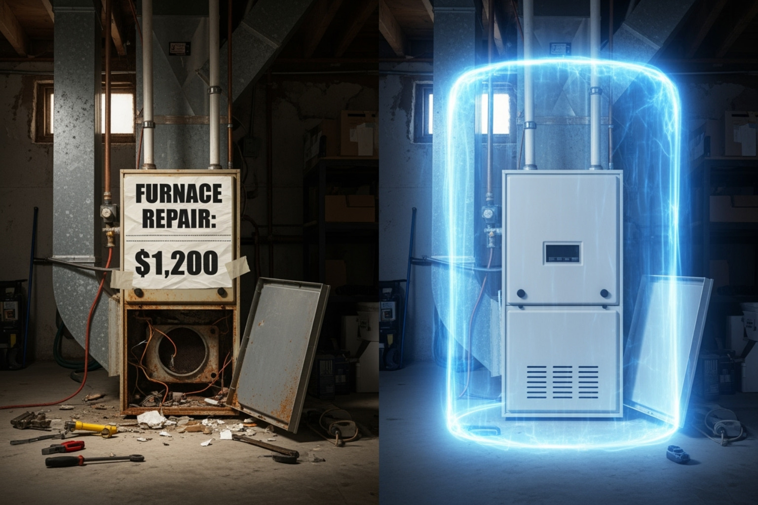 A broken furnace with a large repair bill versus a furnace protected by a warranty shield - how to sell warranties