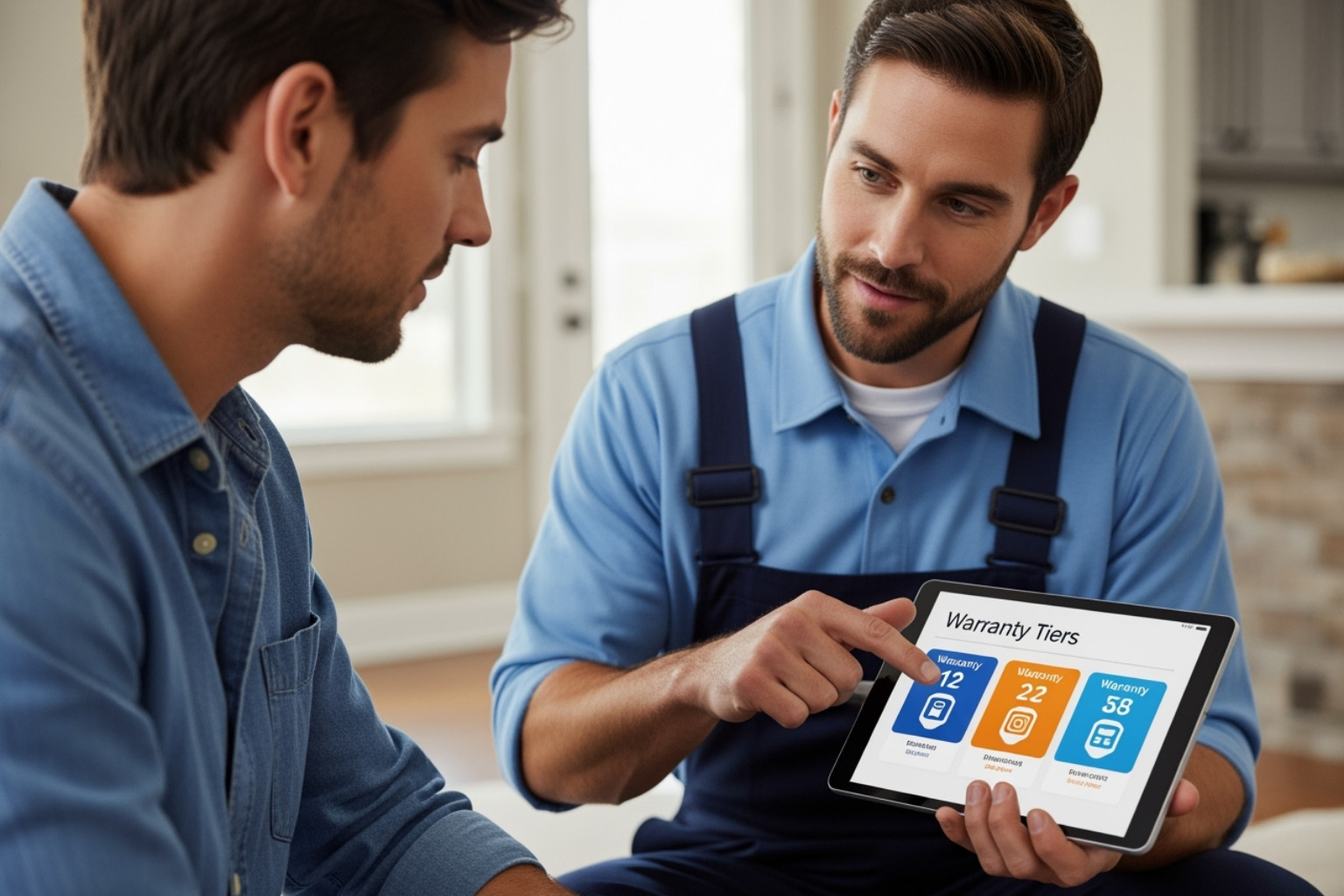 A technician showing a homeowner different warranty tiers on a tablet - how to sell warranties