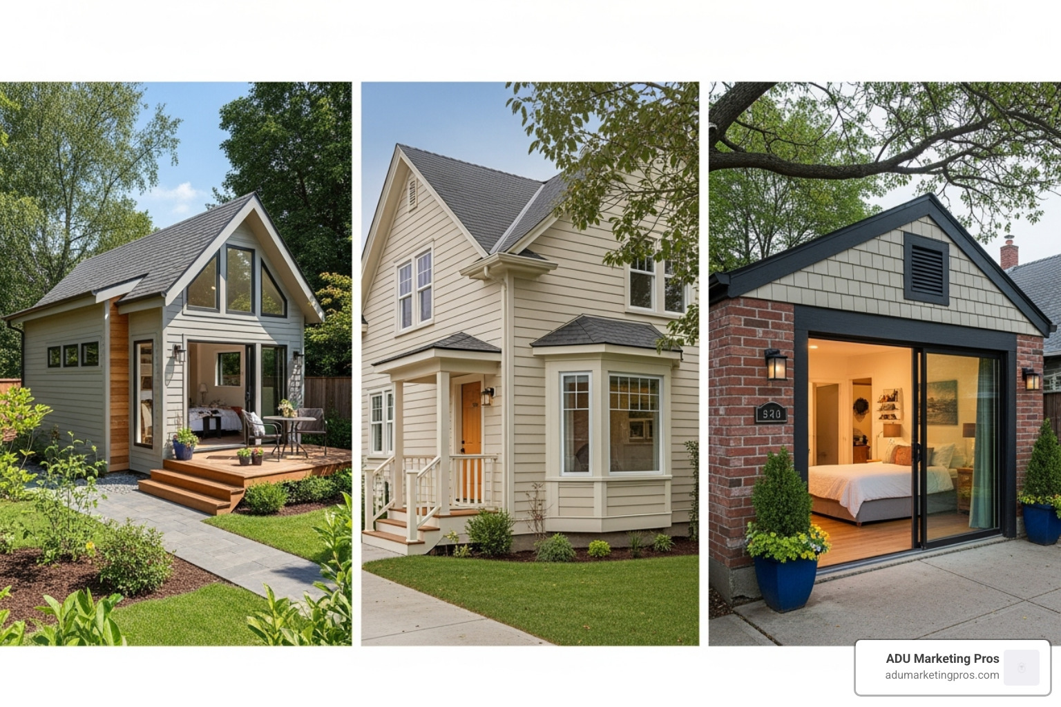 Collage of different ADU types labeled with their common names like 'Granny Flat', 'In-Law Suite', and 'Backyard Cottage' - adu stands for