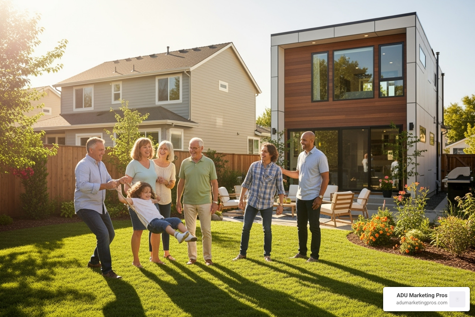 Family enjoying a multi-generational living setup with a primary home and an ADU in the background - adu stands for