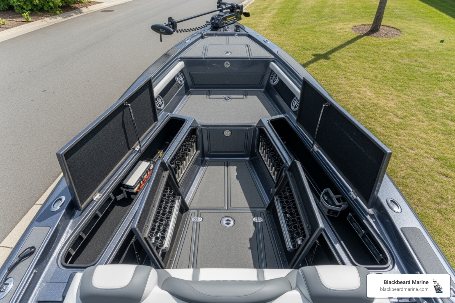 a detailed boat layout showing storage compartments and casting decks - tournament fishing boats