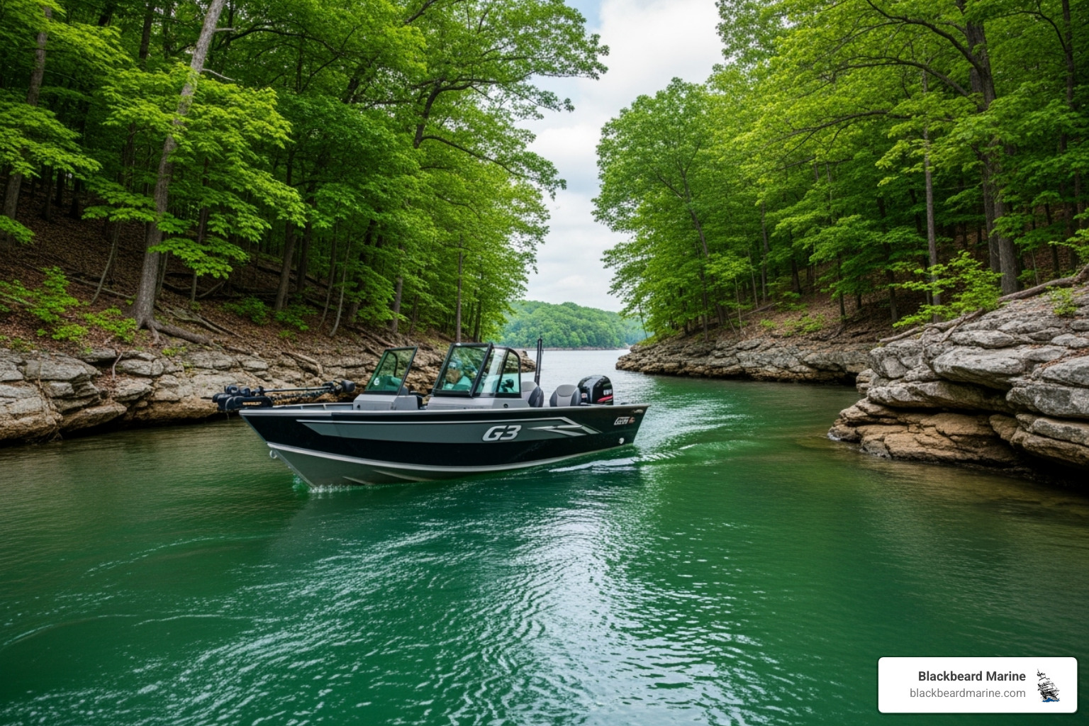 a smaller aluminum G3 boat navigating a tight cove on Table Rock Lake - tournament fishing boats