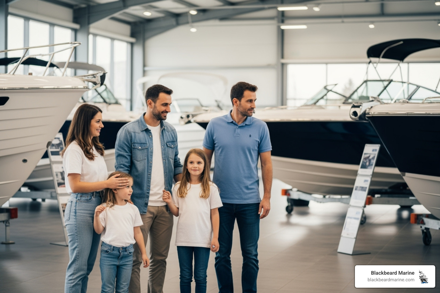 a family looking at boats at a dealership - tournament fishing boats