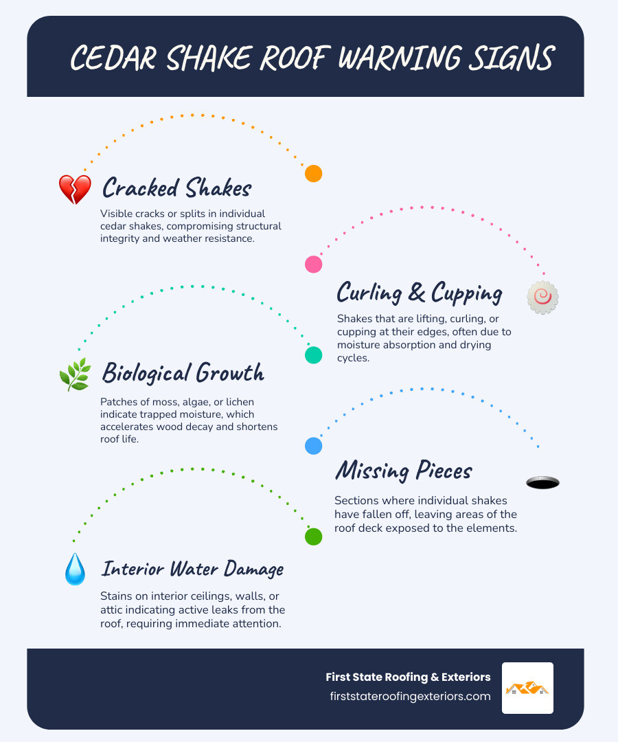 Infographic showing cedar shake roof repair warning signs including cracked shakes, curling edges, moss growth, missing pieces, and water damage indicators with recommended inspection timeline - cedar shake roof repair near me infographic infographic-line-5-steps-blues-accent_colors