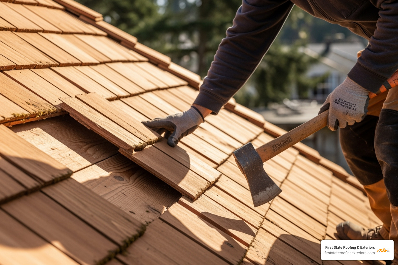 professional roofer carefully replacing a cedar shake - cedar shake roof repair near me