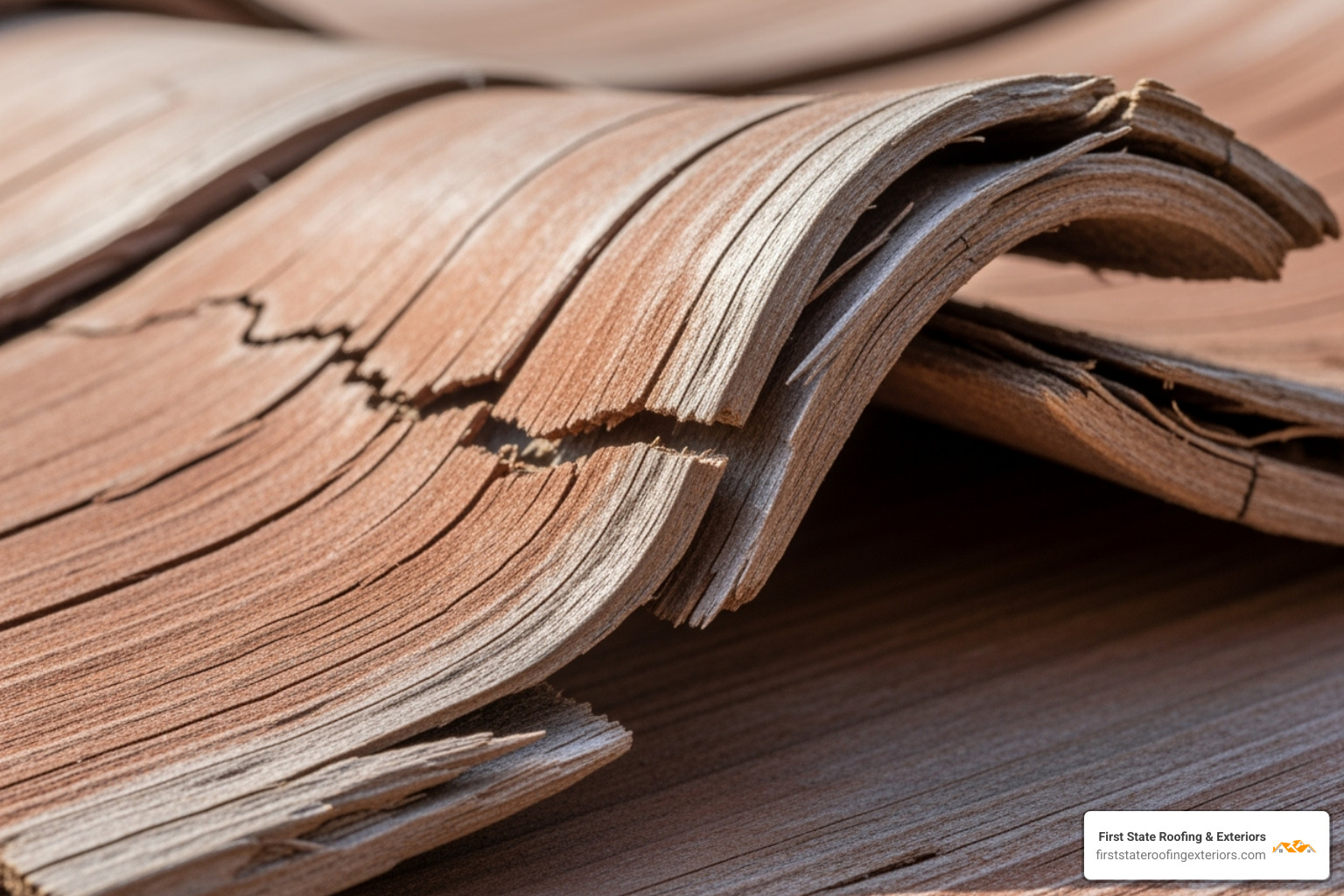 close-up of a cracked and curling cedar shake - cedar shake roof repair near me