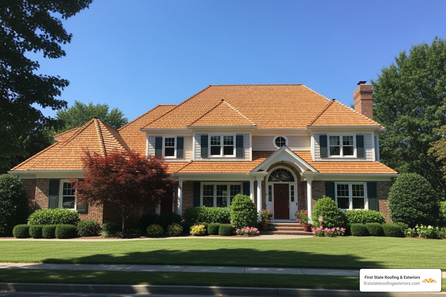 home with a newly installed cedar shake roof, highlighting its curb appeal - cedar shake roof repair near me