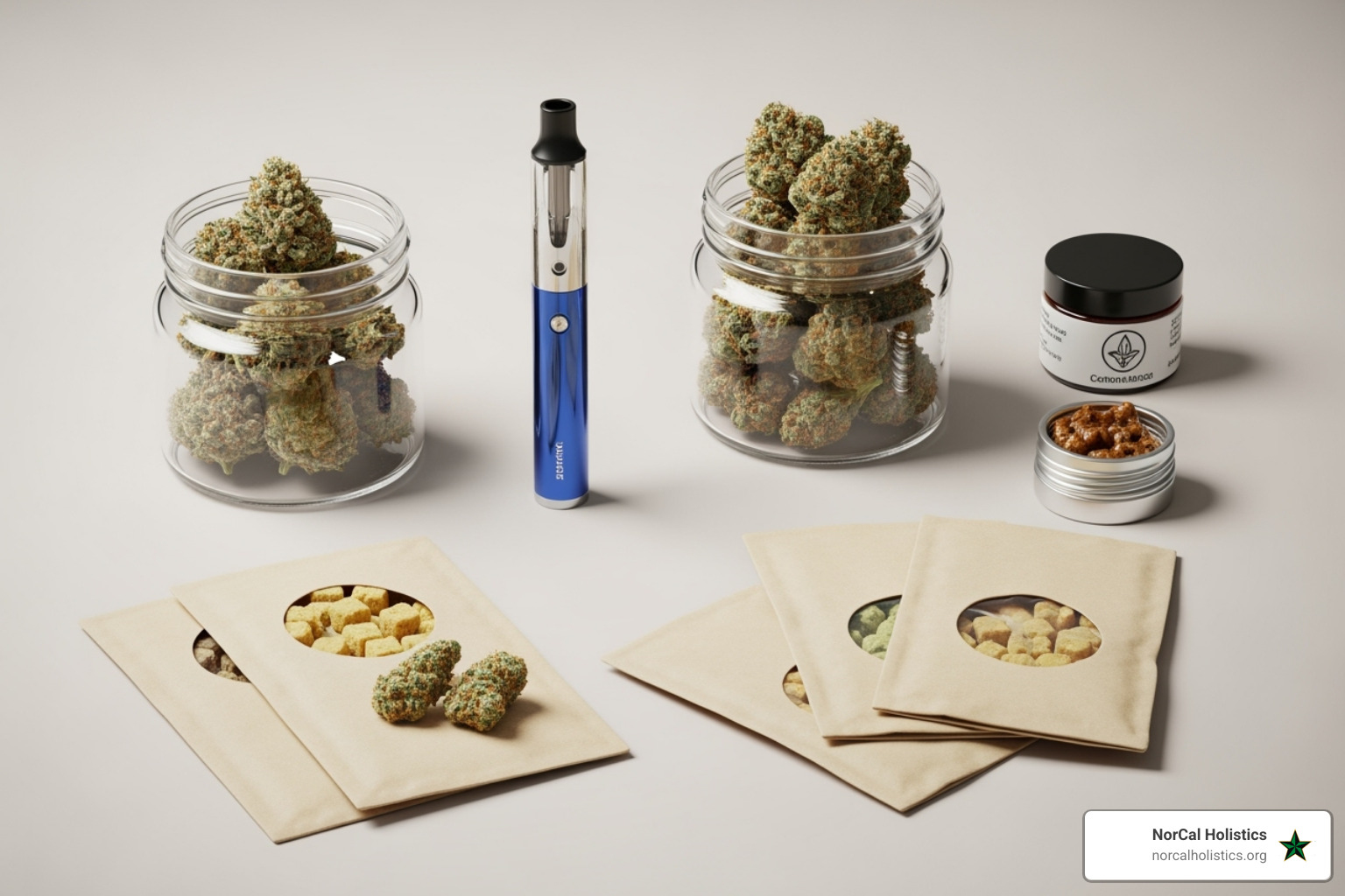 A flat lay showcasing various NorCal Holistics cannabis products including neatly arranged cannabis flower in jars, a vape pen, a selection of edibles, and a small container of concentrate, all against a clean, neutral background - weed delivery Carmichael