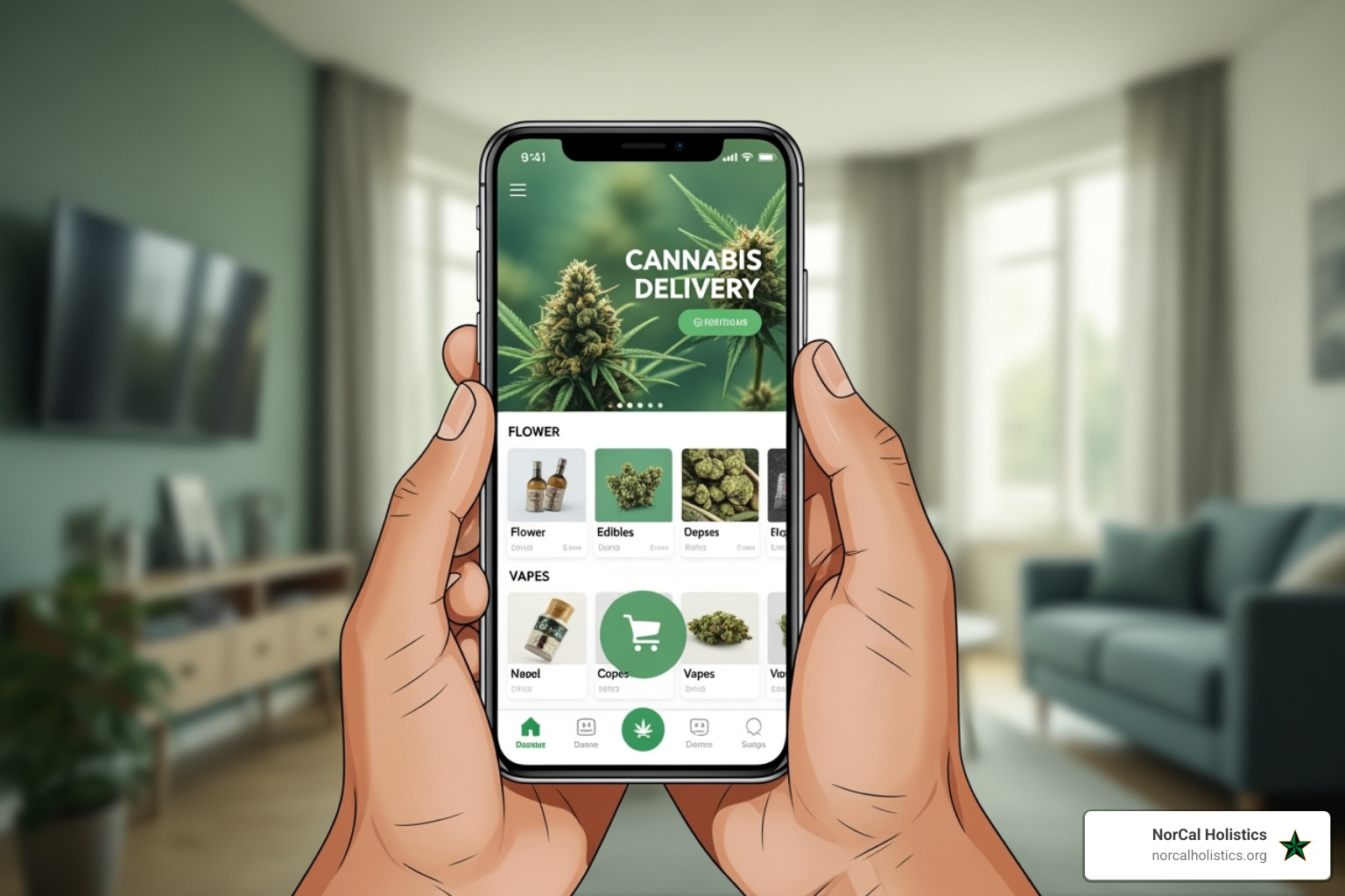 A customer browsing the NorCal Holistics cannabis menu on their phone, depicting a user-friendly interface with various product categories and a shopping cart icon - weed delivery Carmichael