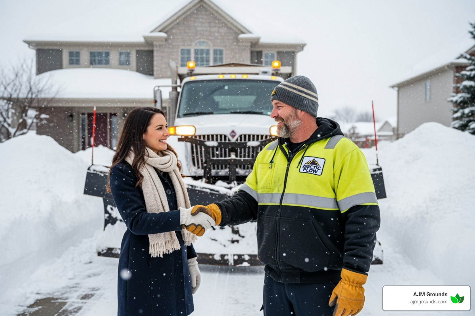 Image of a contractor and client shaking hands in front of a plow truck - snow plowing contracts