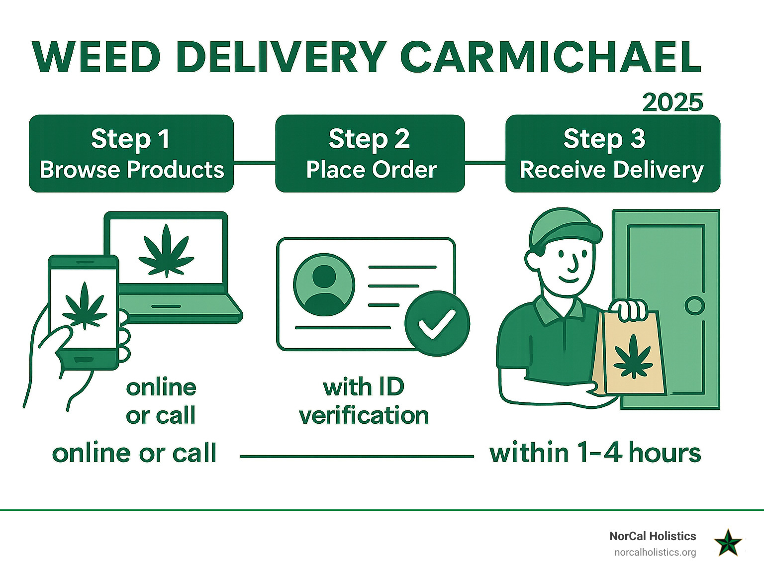 Infographic showing the simple 3-step cannabis delivery process: Step 1 - Browse products online or call, Step 2 - Place order with ID verification, Step 3 - Receive discreet delivery at your door within 1-4 hours - weed delivery Carmichael infographic 