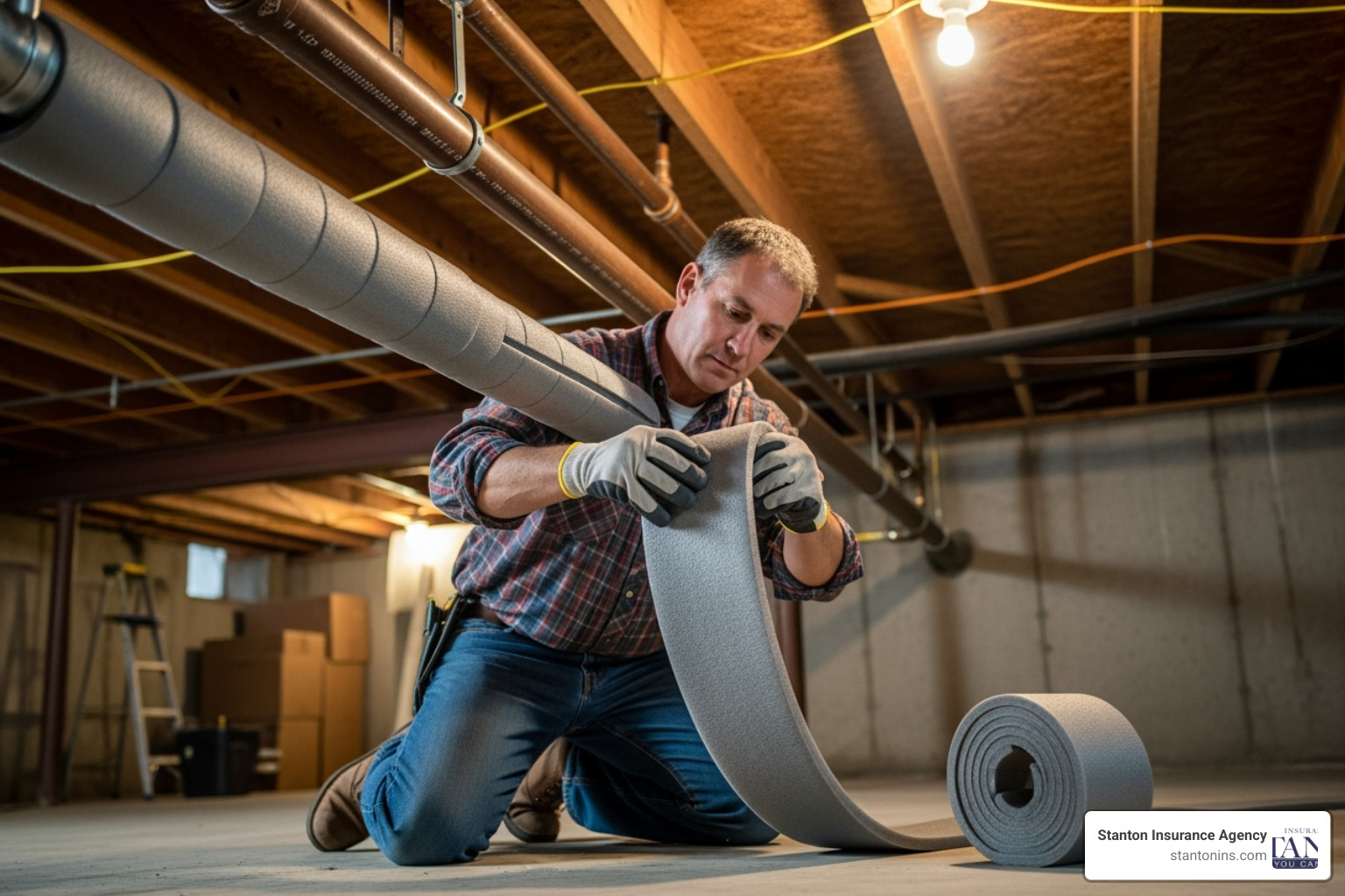 A homeowner wrapping an exposed water pipe in foam insulation in a basement. - Winter home insurance claims