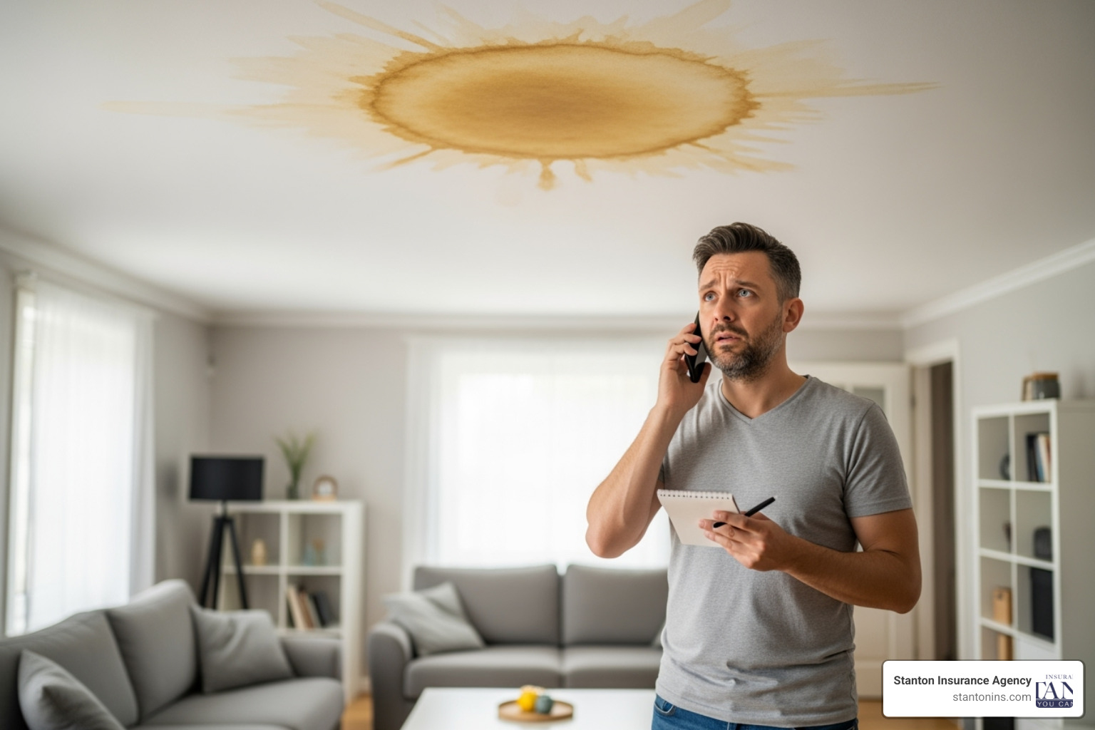 A homeowner on the phone with their insurance agent, holding a notepad and looking at a water-stained ceiling. - Winter home insurance claims