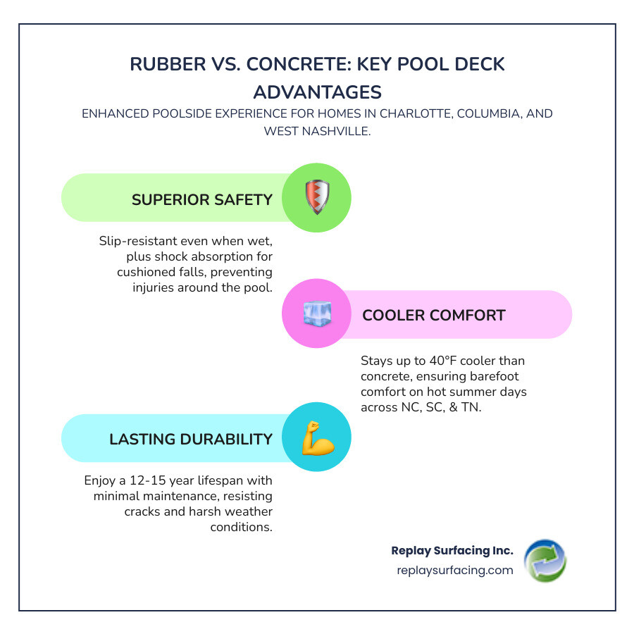 Comprehensive comparison infographic showing rubber vs concrete pool decks across three key areas: Safety features highlighting slip-resistance and shock absorption with pool safety icons, Temperature comparison displaying 40°F cooler surface benefits for Charlotte NC Columbia SC and West Nashville TN climates, and Durability metrics showing 12-15 year lifespan versus frequent concrete repairs with maintenance cost savings - rubber for pool decks infographic infographic-line-3-steps-colors