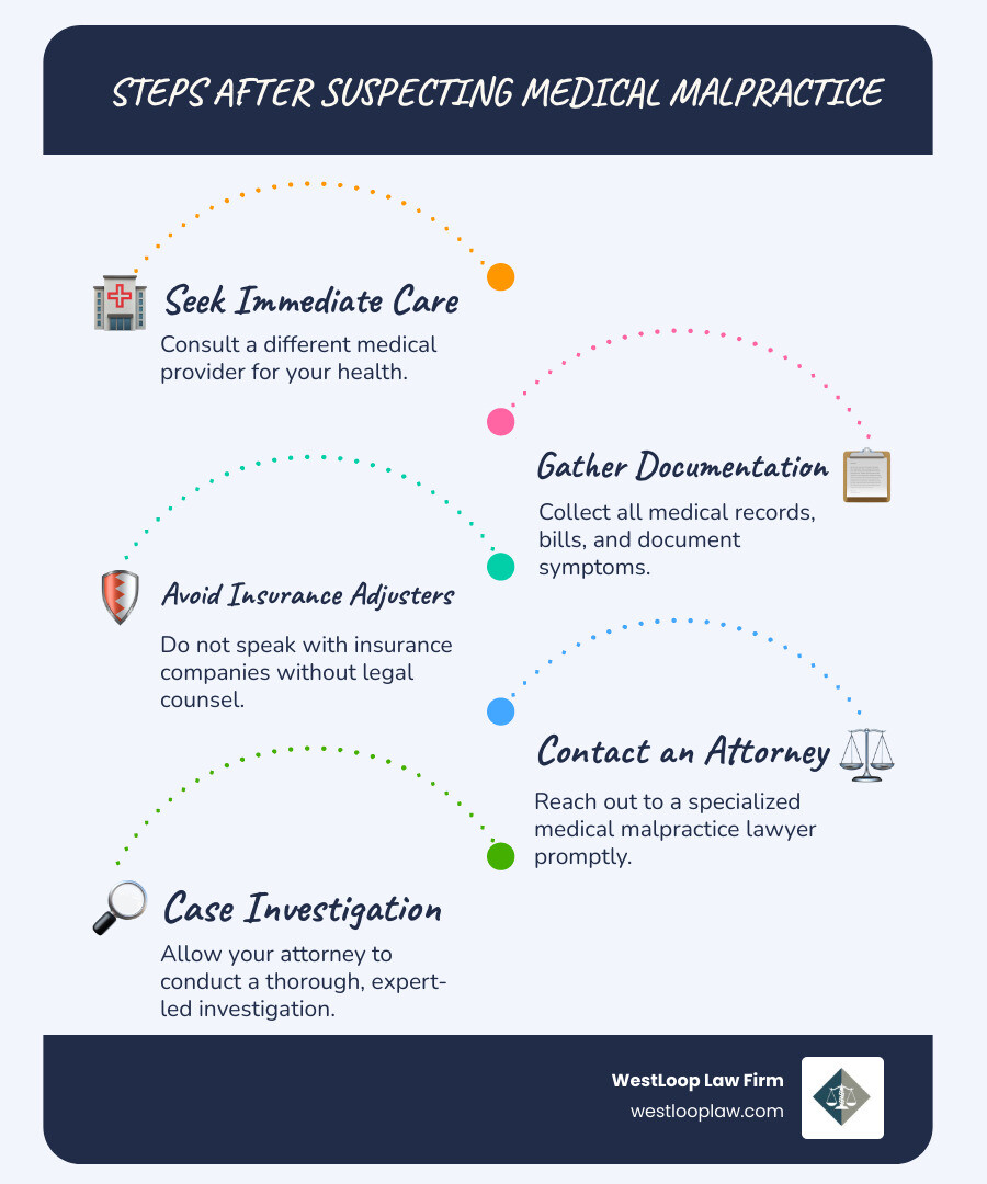 Infographic showing the key steps after suspected medical malpractice: 1. Seek immediate medical care from a different provider, 2. Gather all medical records and documentation, 3. Document symptoms and impacts on daily life, 4. Avoid speaking with insurance adjusters, 5. Contact a dedicated medical malpractice attorney within the statute of limitations, 6. Allow attorney to conduct thorough case investigation with medical professionals - Medical injury law firm infographic infographic-line-5-steps-blues-accent_colors