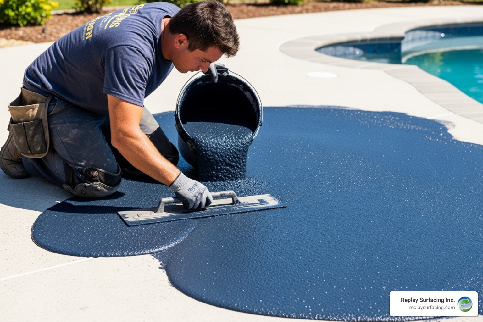 A professional carefully installing a seamless poured-in-place rubber pool deck in Charlotte, NC, highlighting the smooth, continuous surface. - rubber for pool decks