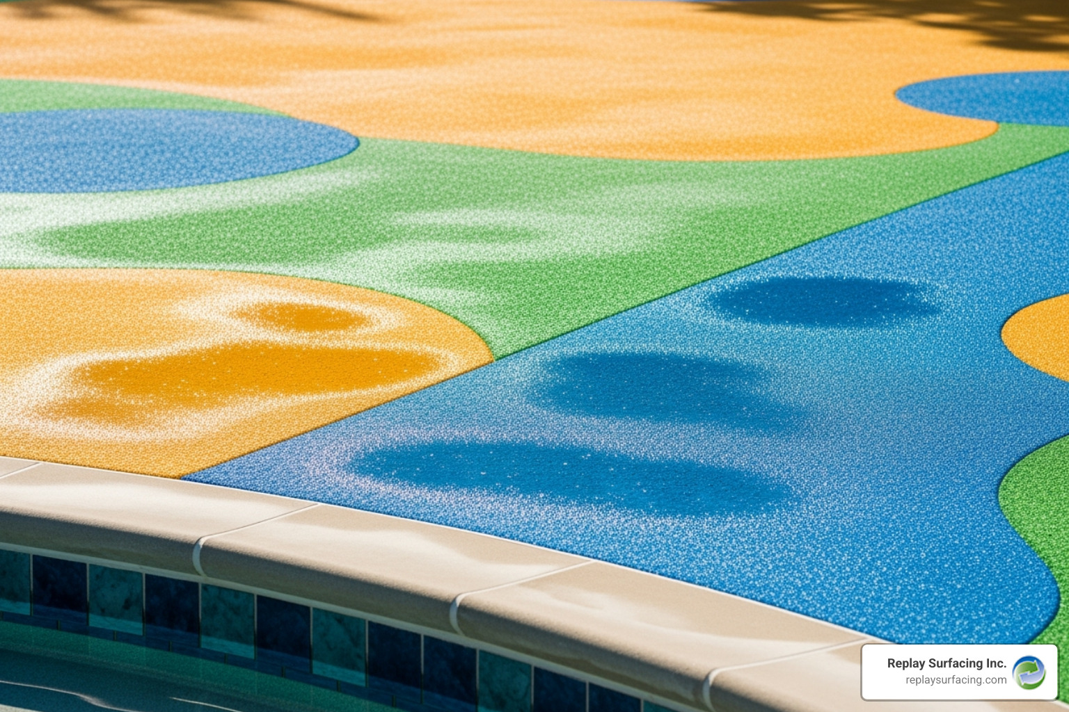 A vibrant rubber pool deck in West Nashville, TN, showcasing its resilience under both sunny and wet conditions. - rubber for pool decks