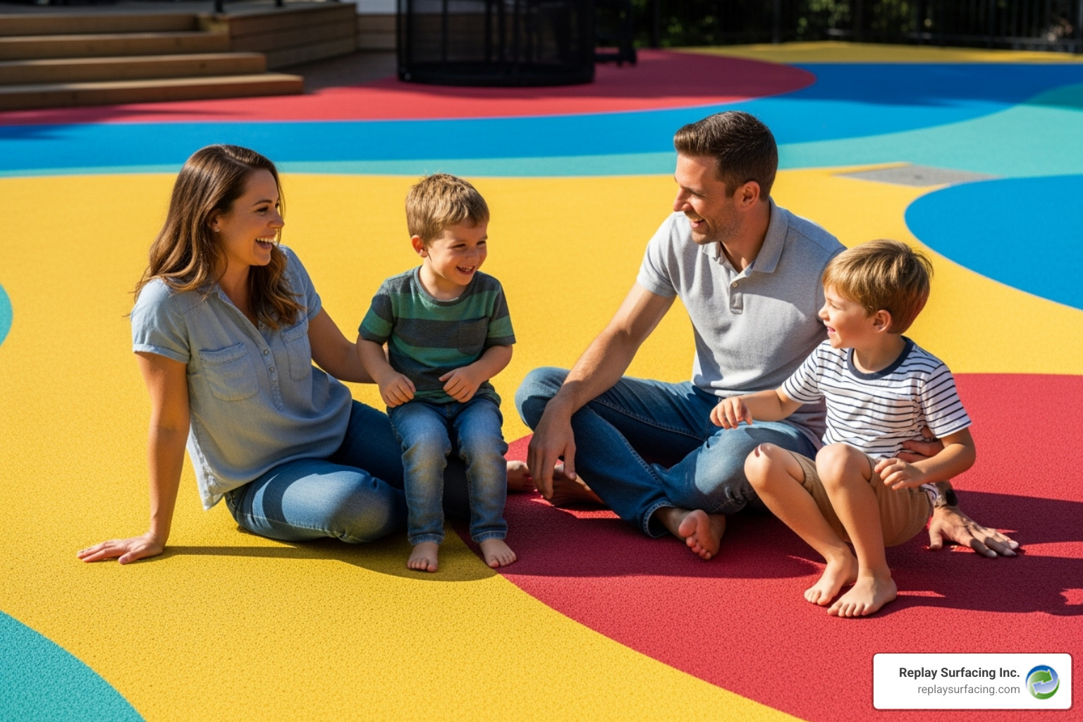 A happy family laughing and playing safely on their vibrant rubber pool deck in Charlotte, NC, enjoying the comfortable and secure surface. - rubber for pool decks