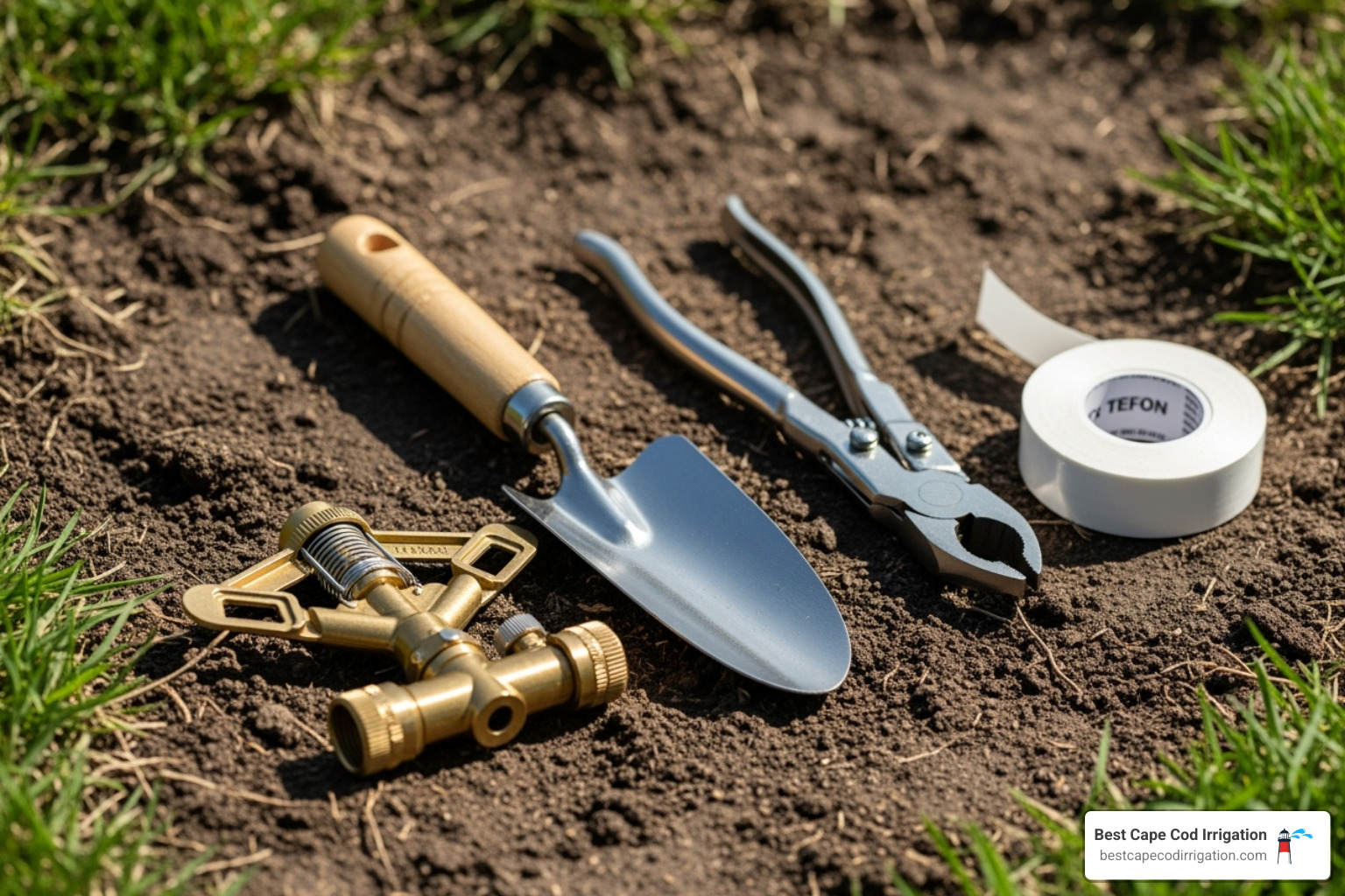 image of necessary tools: a new sprinkler head, a digging trowel, adjustable pliers, and Teflon tape - irrigation sprinkler head replacement image of necessary tools: a new sprinkler head, a digging trowel, adjustable pliers, and Teflon tape - irrigation sprinkler head replacement