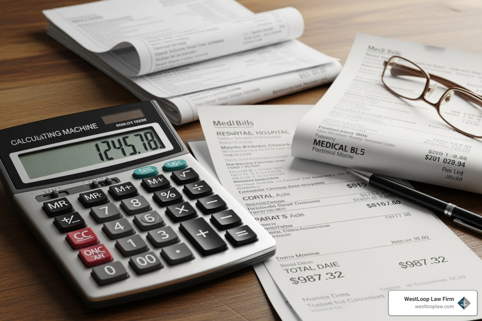 A calculator and medical bills - Medical injury law firm
