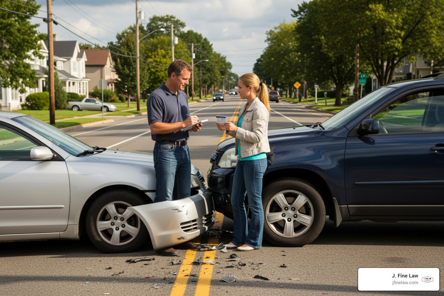 person exchanging insurance information with another driver - car accident legal process