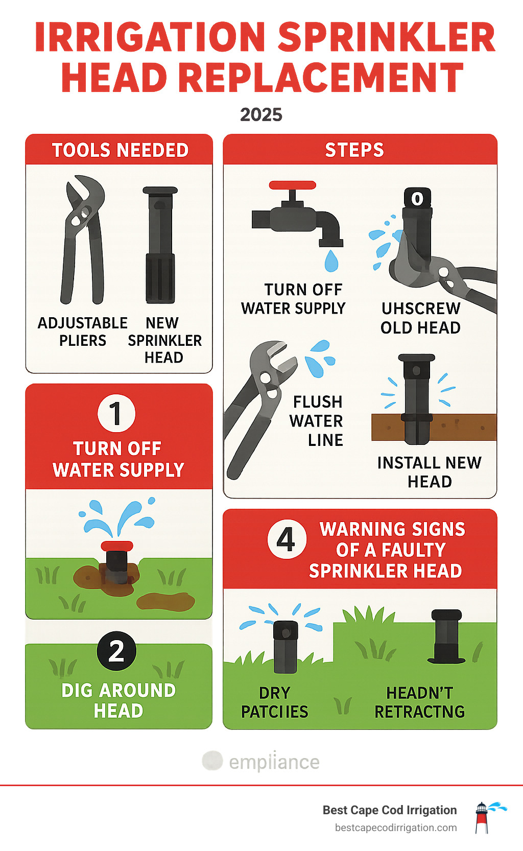 Comprehensive infographic showing the step-by-step process of irrigation sprinkler head replacement, including tools needed like adjustable pliers and new sprinkler head, visual steps from turning off water supply through final testing, and common warning signs of faulty heads such as water geysers, dry patches, and heads that won't retract - irrigation sprinkler head replacement infographic Comprehensive infographic showing the step-by-step process of irrigation sprinkler head replacement, including tools needed like adjustable pliers and new sprinkler head, visual steps from turning off water supply through final testing, and common warning signs of faulty heads such as water geysers, dry patches, and heads that won't retract - irrigation sprinkler head replacement infographic