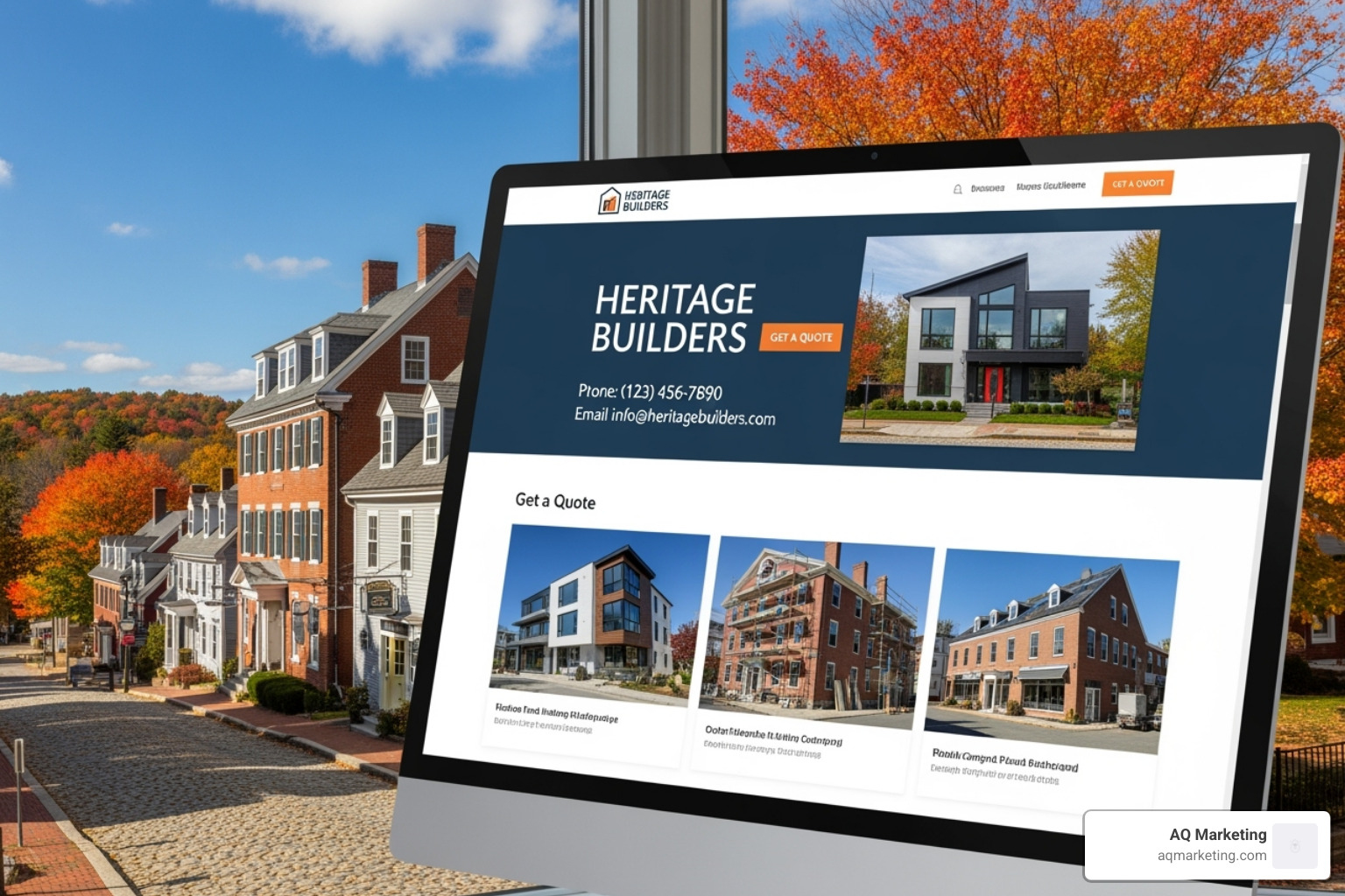 A professional and trustworthy construction company website with a clean design, prominent contact information, and a gallery of high-quality images of completed projects, set against a backdrop of a New England town - best small business website design examples A professional and trustworthy construction company website with a clean design, prominent contact information, and a gallery of high-quality images of completed projects, set against a backdrop of a New England town - best small business website design examples