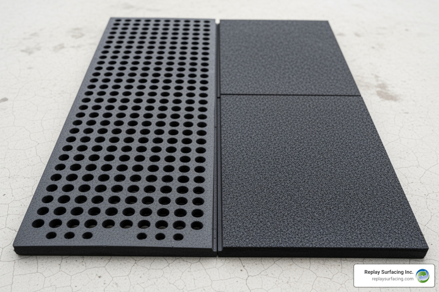 two side-by-side rubber tile types, one perforated and one solid - rubber pool deck Charlotte two side-by-side rubber tile types, one perforated and one solid - rubber pool deck Charlotte