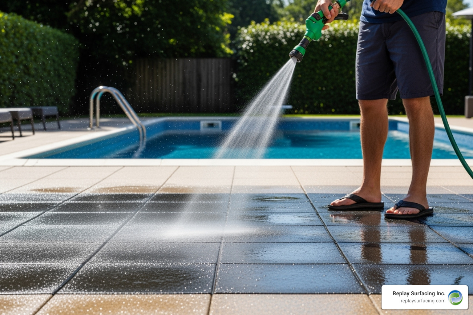 person easily cleaning a rubber tile pool deck with a hose - rubber pool deck Charlotte person easily cleaning a rubber tile pool deck with a hose - rubber pool deck Charlotte
