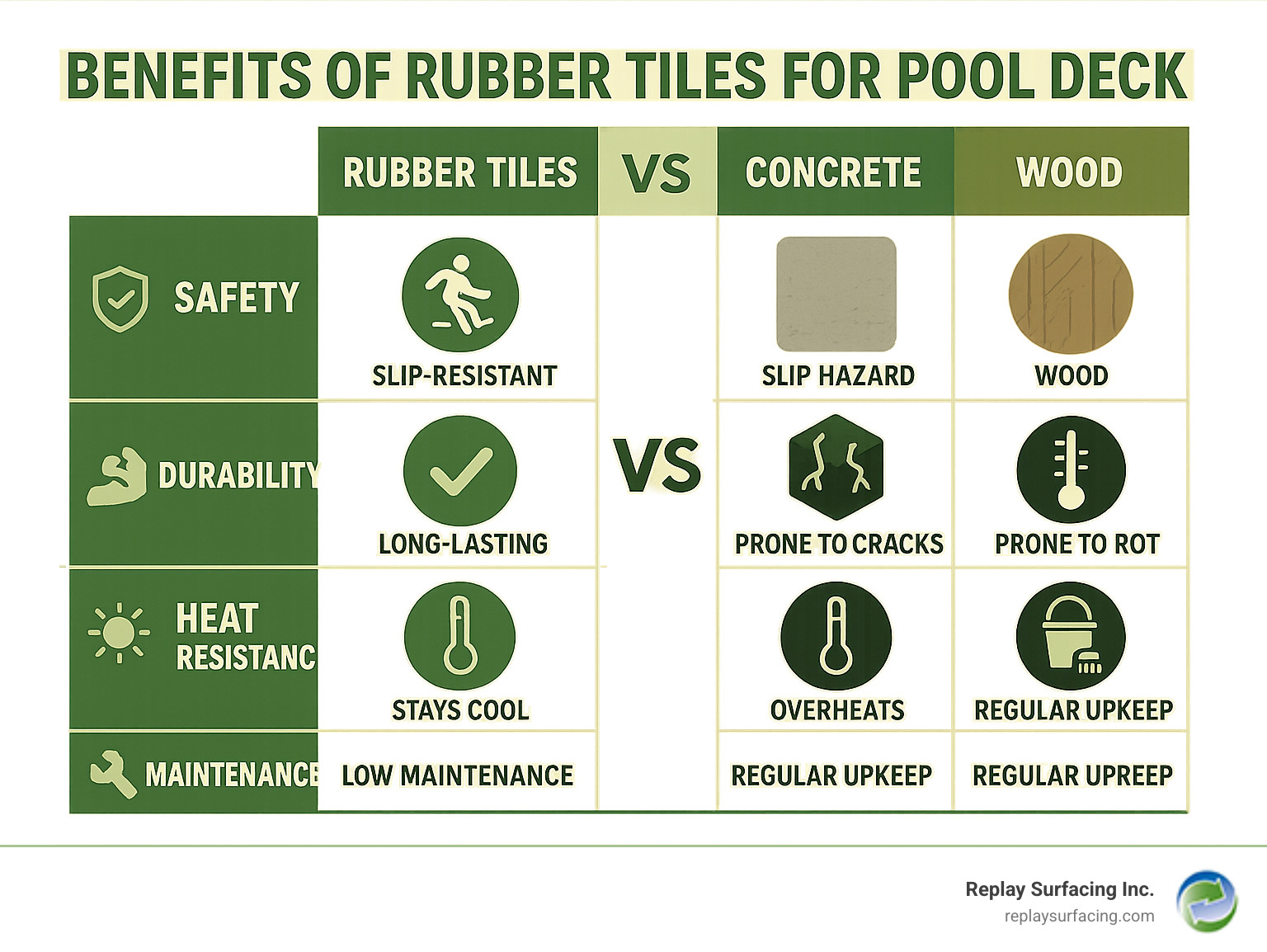 Benefits comparison infographic showing rubber tiles versus concrete and wood pool decks highlighting safety, durability, heat resistance, and maintenance advantages - rubber pool deck Charlotte infographic  Benefits comparison infographic showing rubber tiles versus concrete and wood pool decks highlighting safety, durability, heat resistance, and maintenance advantages - rubber pool deck Charlotte infographic