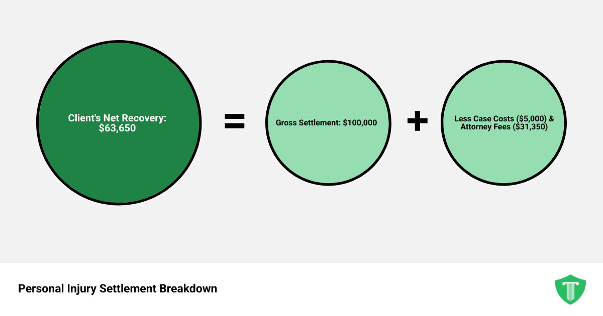 Infographic showing personal injury settlement breakdown: $100,000 settlement minus $5,000 case costs equals $95,000, then minus 33% attorney fee ($31,350) equals $63,650 net client recovery - how much does a personal injury lawyer cost infographic sum_of_parts