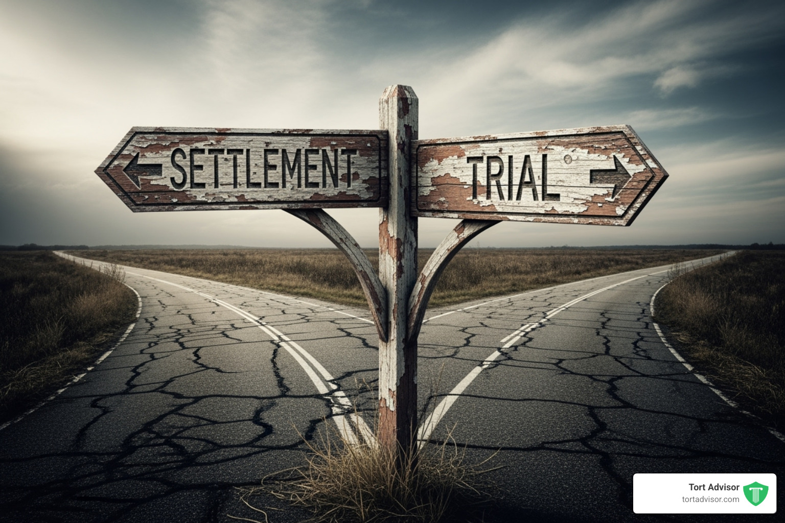 Split road sign pointing to "Settlement" and "Trial" - how much does a personal injury lawyer cost