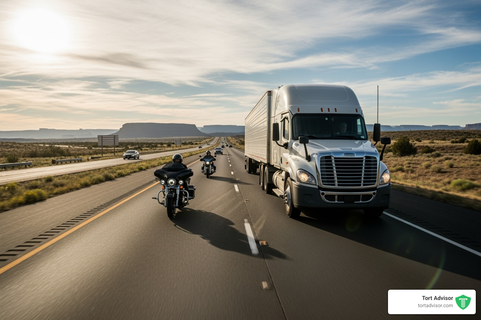 commercial truck and a motorcycle on a highway - car accident attorney Washington