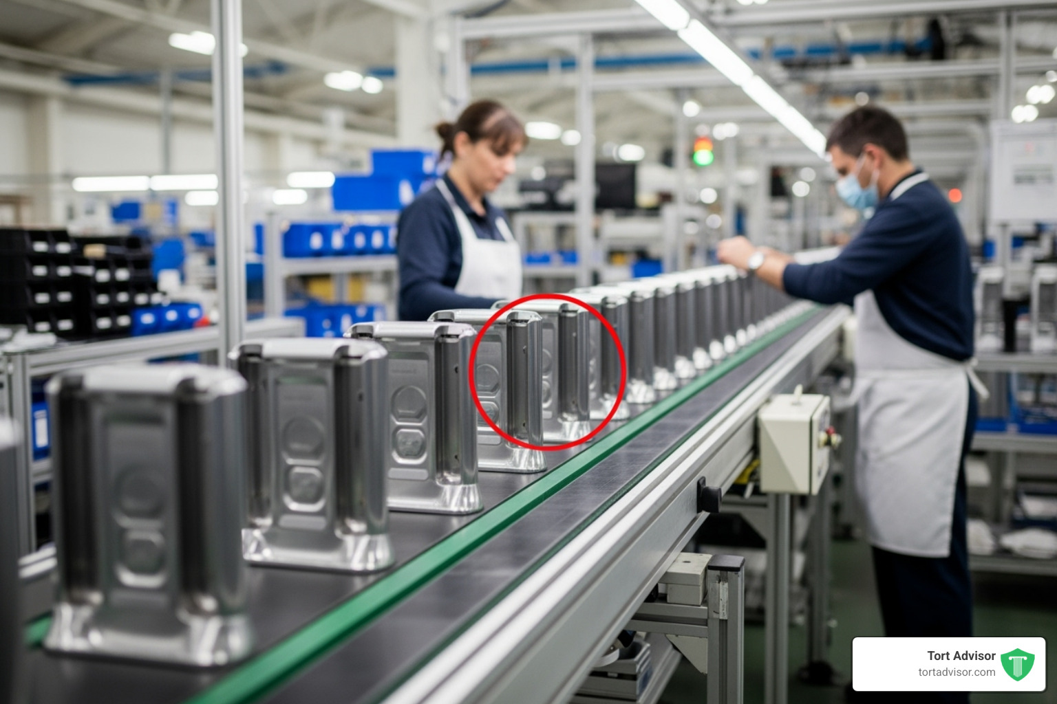 a factory assembly line with a red circle highlighting an error - product liability personal injury