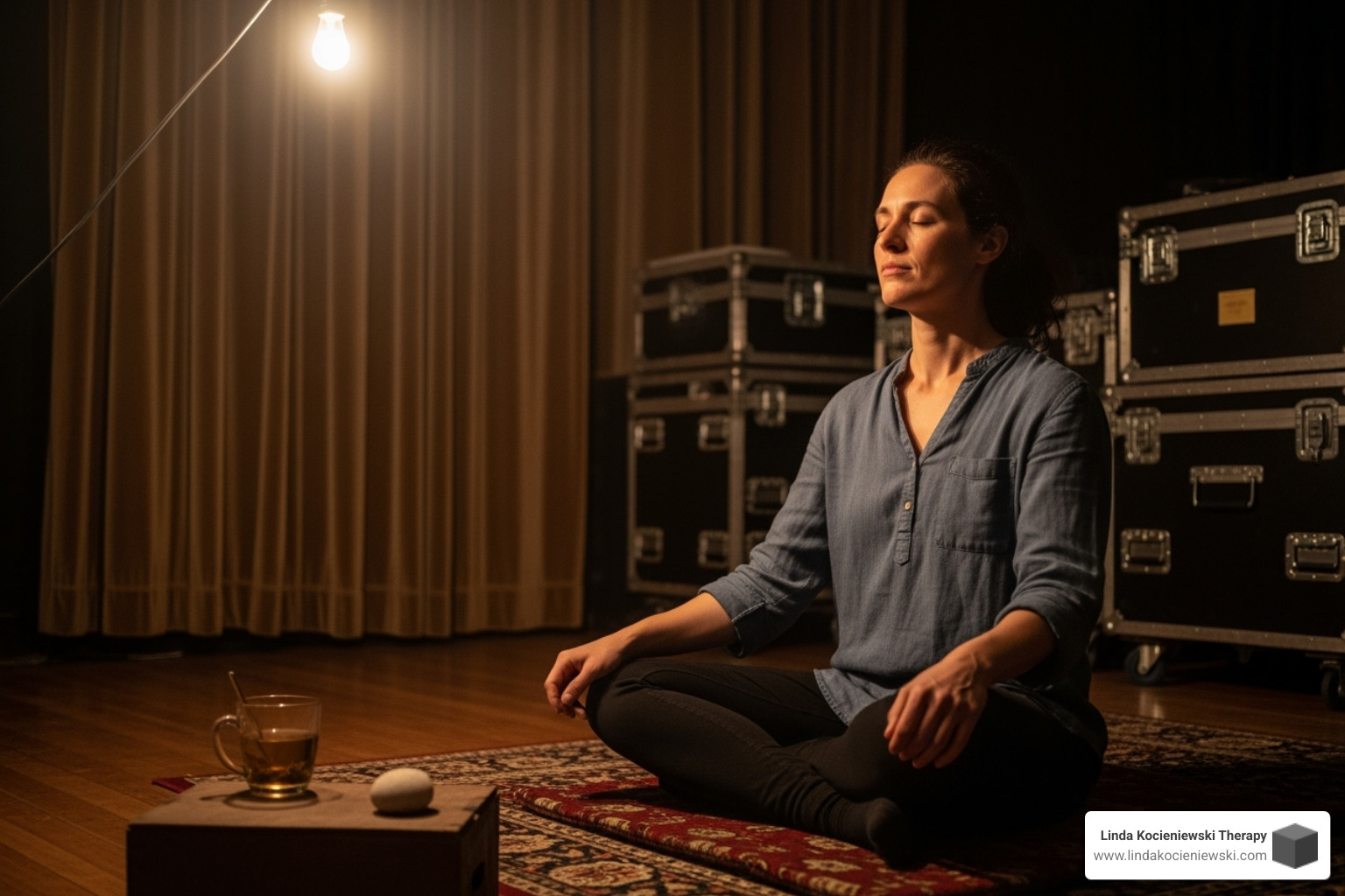 calm, focused performer meditating backstage - therapy for performers