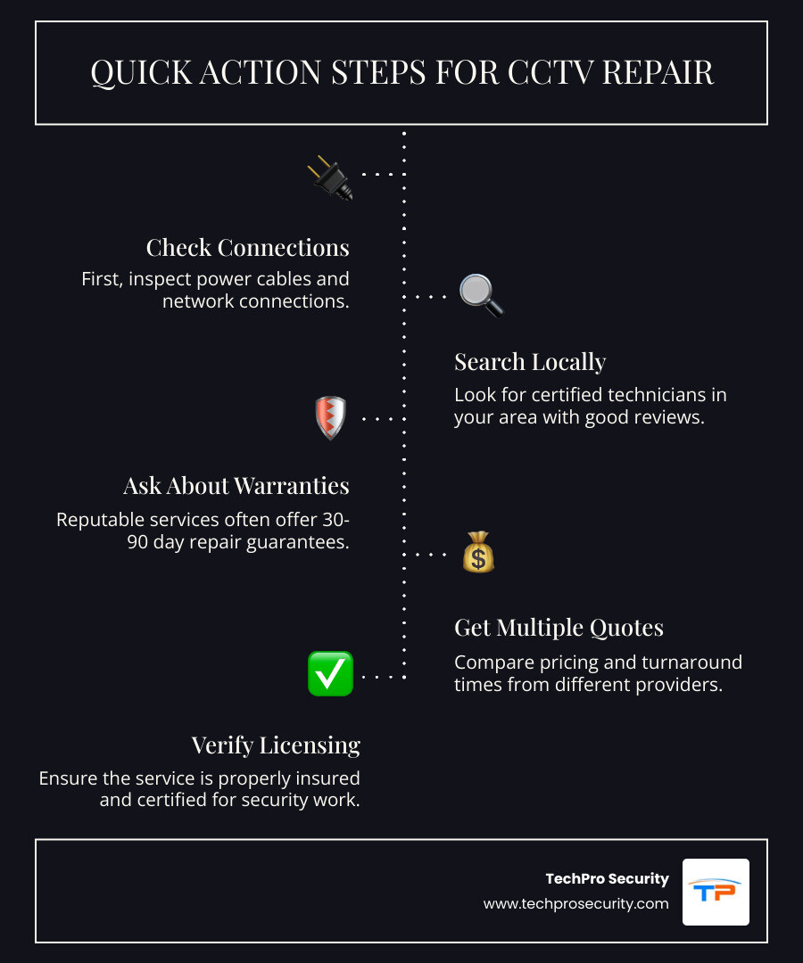 Infographic showing common CCTV repair warning signs including no video feed display, blurry camera footage, recording error messages, non-responsive PTZ camera movement, failed night vision capability, and system power indicator lights - cctv repair near me infographic infographic-line-5-steps-dark