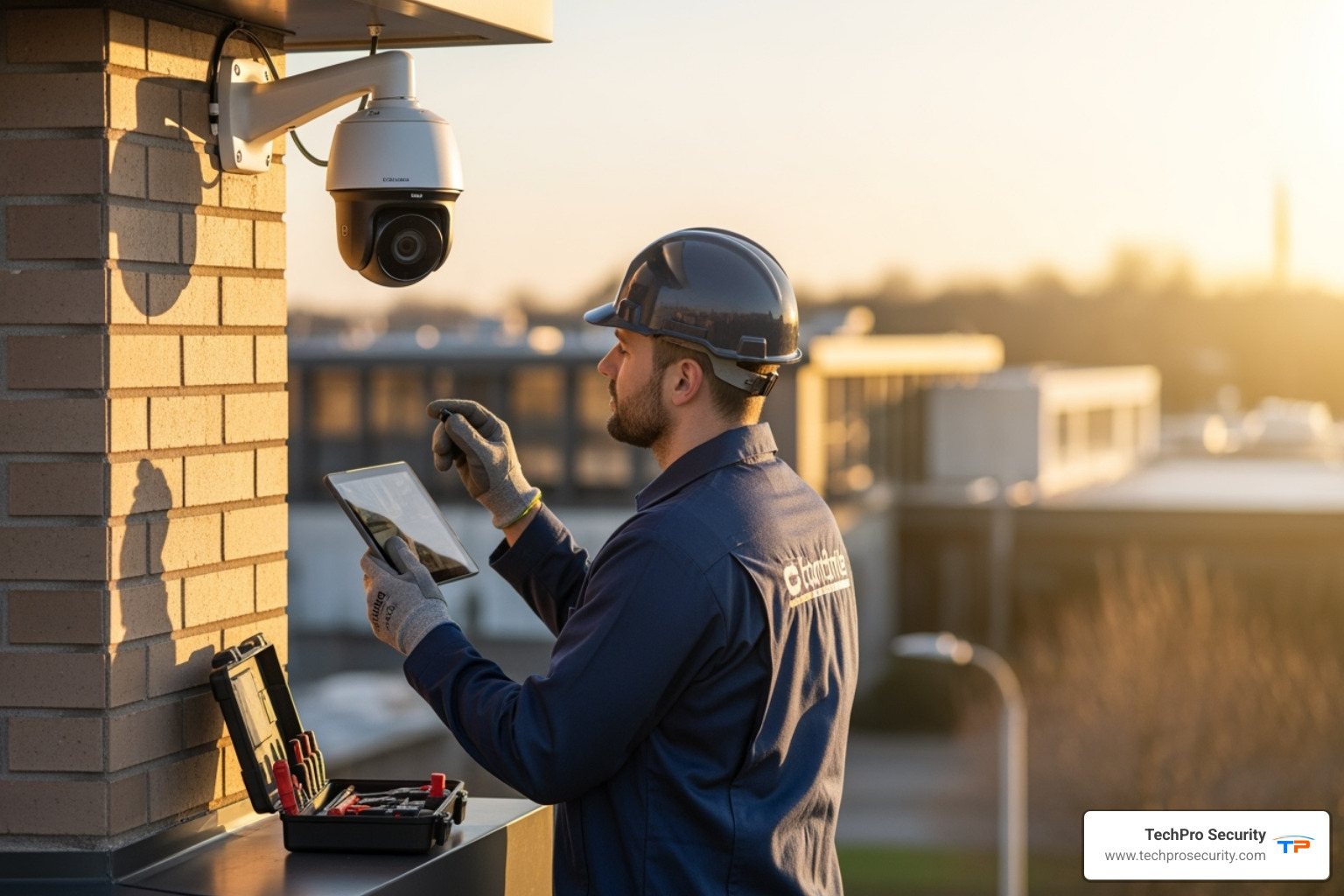 Professional technician inspecting a security camera system - cctv repair near me