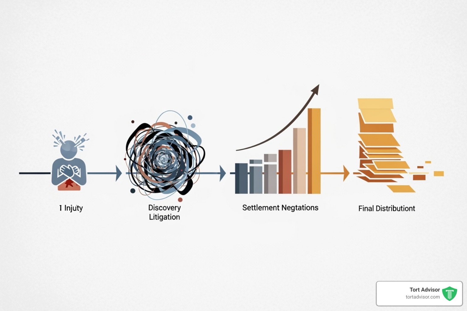 Timeline or flowchart illustrating the stages of a mass tort lawsuit, from initial injury to final settlement distribution - mass tort lawsuit settlements