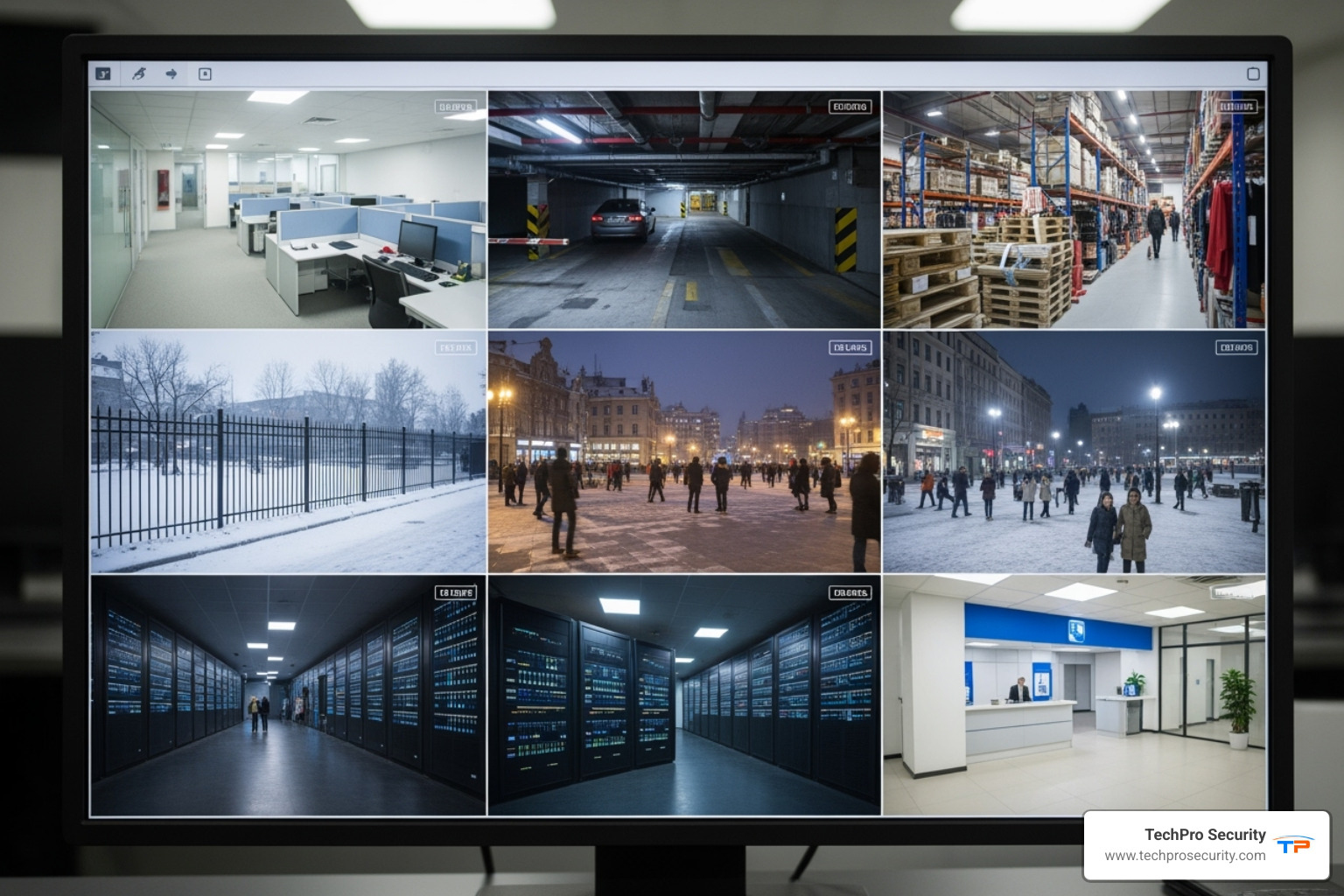 A fully functional, clear CCTV monitoring screen - cctv repair near me
