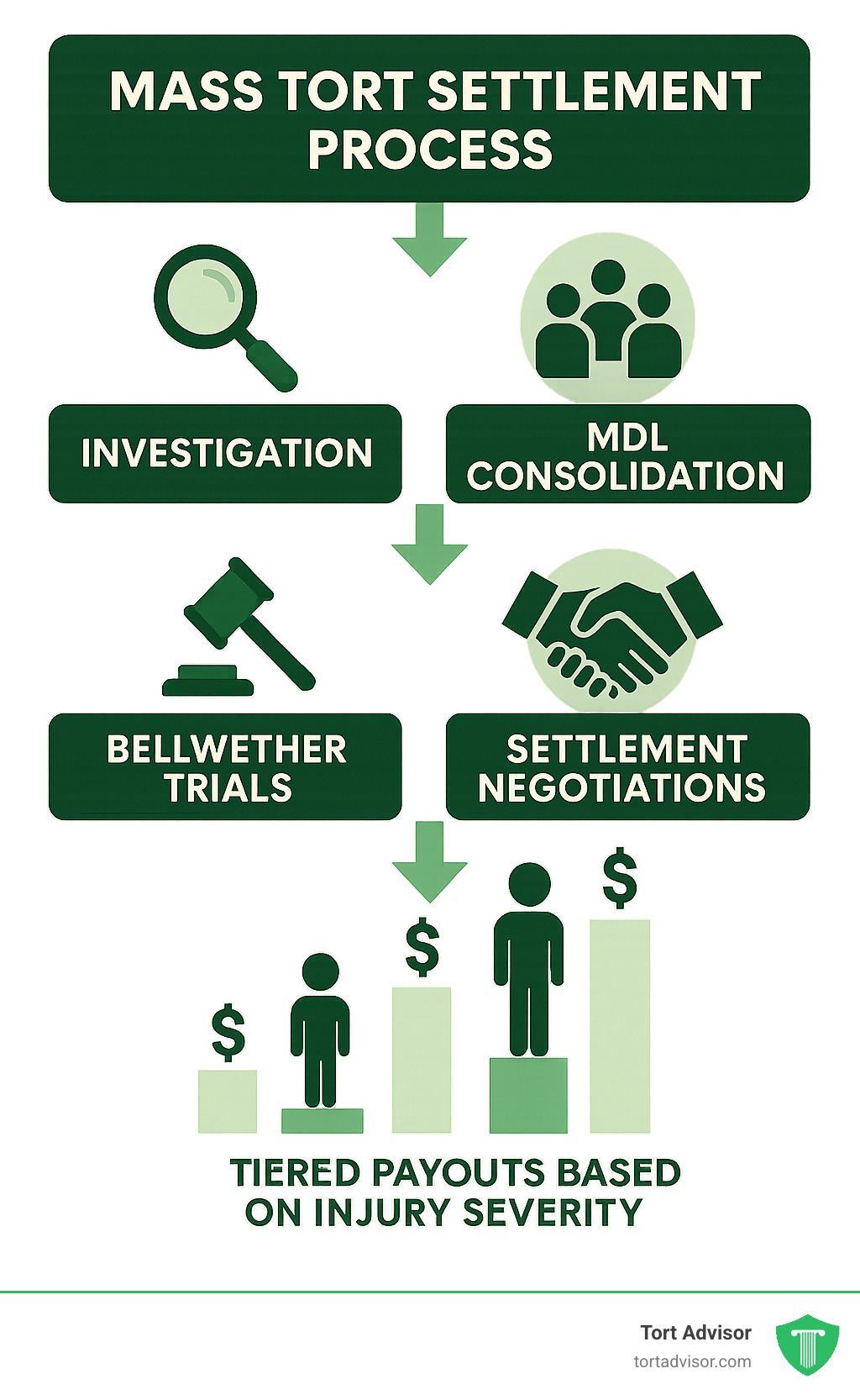 Infographic showing mass tort settlement process: Investigation leads to MDL consolidation, followed by bellwether trials, then settlement negotiations resulting in tiered payouts based on injury severity - mass tort lawsuit settlements infographic 