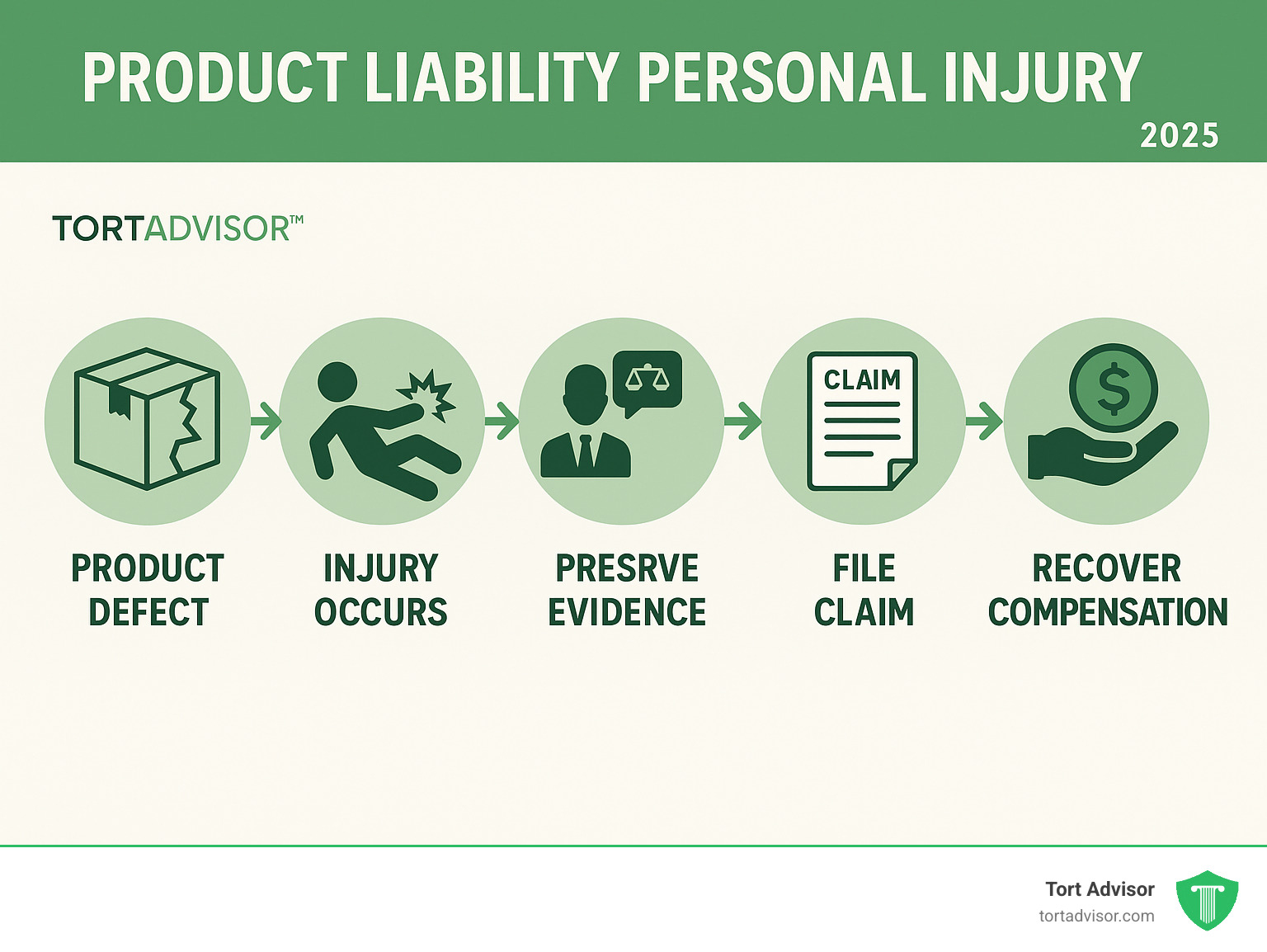 Infographic showing the path from a defective product to filing a product liability personal injury claim, including steps like product defect identification, injury occurrence, evidence preservation, legal consultation, claim filing, and potential compensation recovery - product liability personal injury infographic 