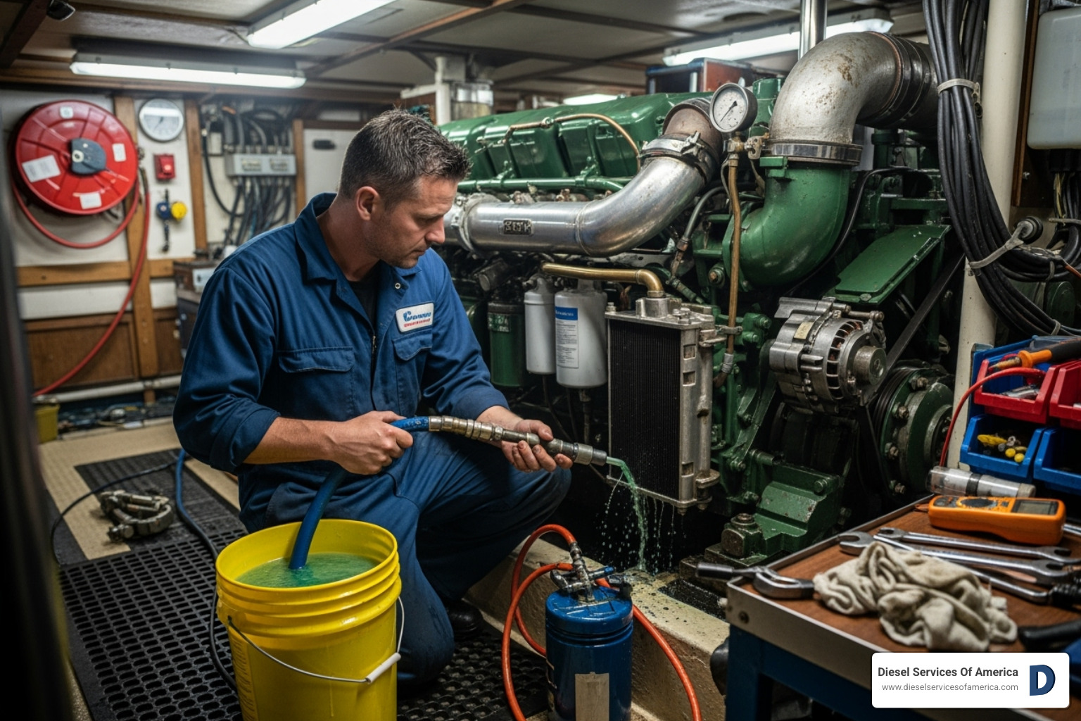 technician performing a cooling system flush - marine diesel service south florida