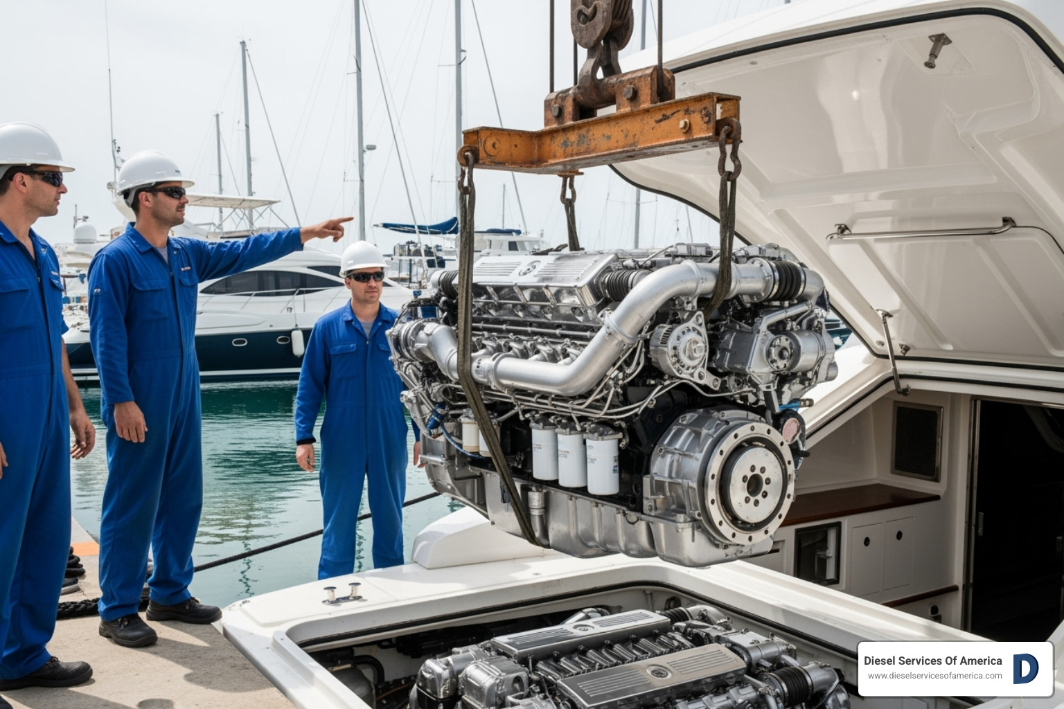 new diesel engine being lowered into a yacht for a repower - marine diesel service south florida