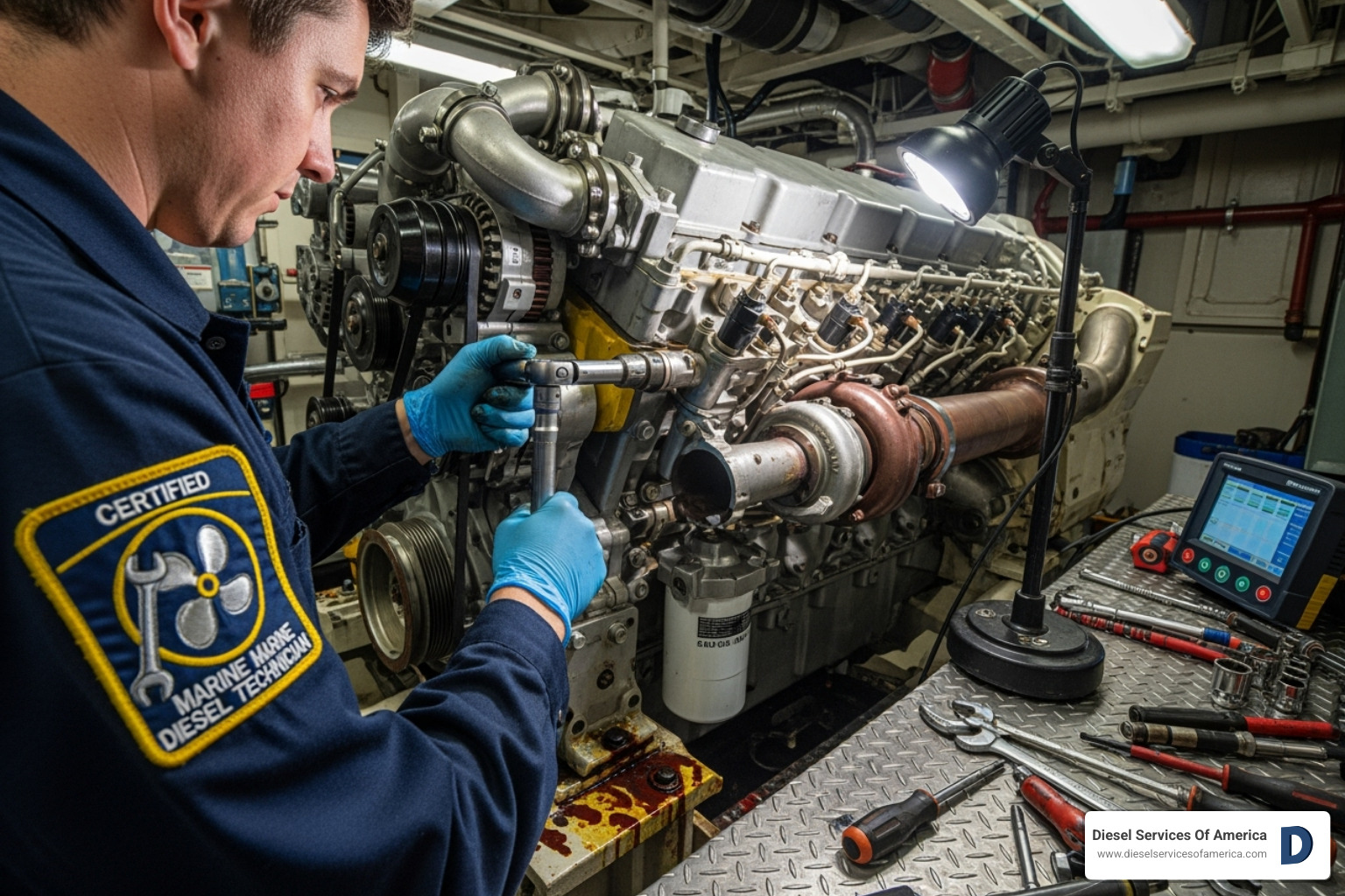 certified technician working on an engine - marine diesel service south florida