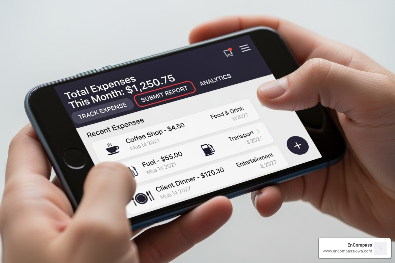 Person using an expense management app on their phone, showing a clean interface for tracking and submitting expenses - IT expense management Person using an expense management app on their phone, showing a clean interface for tracking and submitting expenses - IT expense management