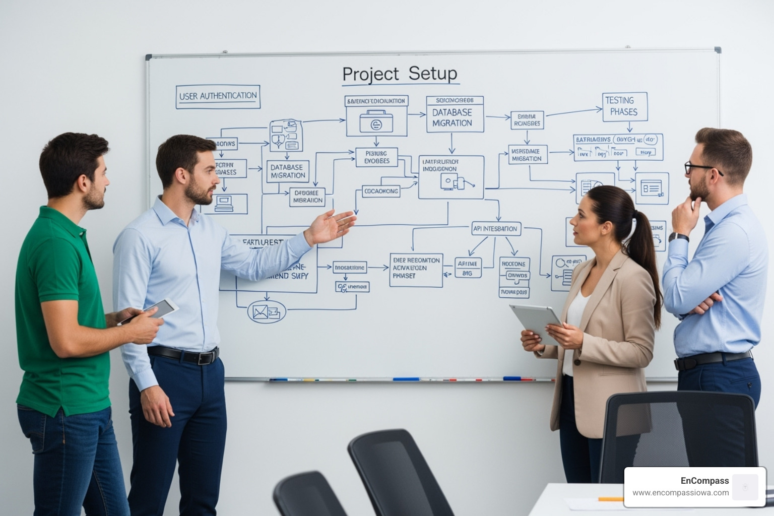Project manager guiding a team through a software setup on a whiteboard, illustrating a collaborative and structured implementation process - IT expense management Project manager guiding a team through a software setup on a whiteboard, illustrating a collaborative and structured implementation process - IT expense management