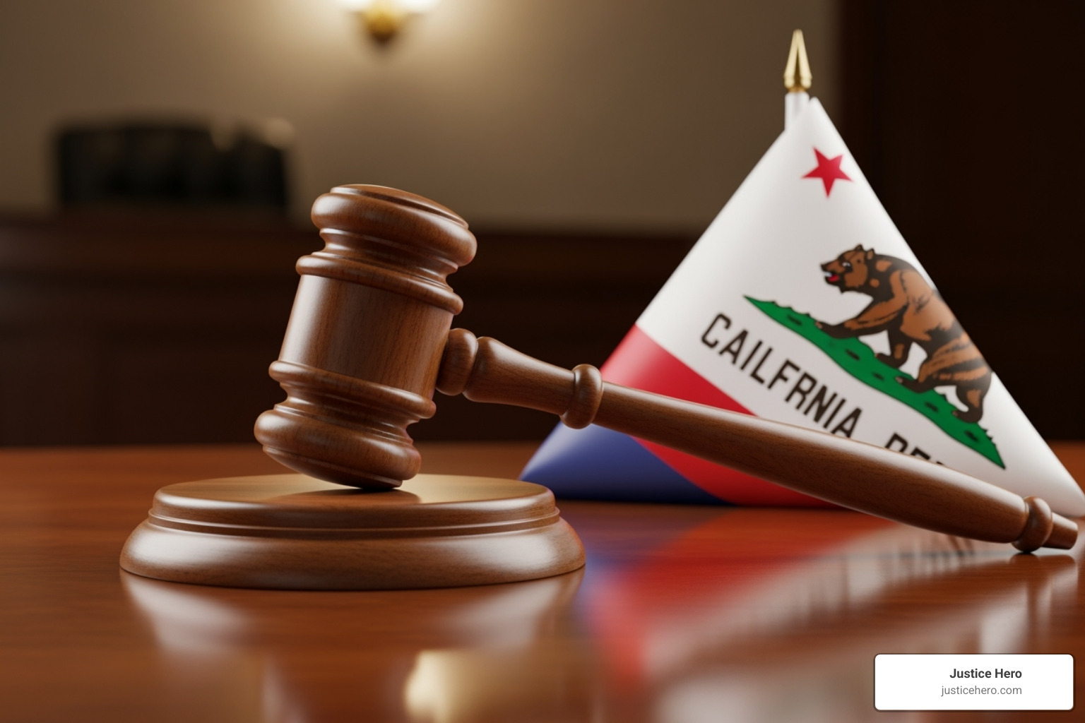 a gavel and a California state flag - hit and run lawsuit a gavel and a California state flag - hit and run lawsuit