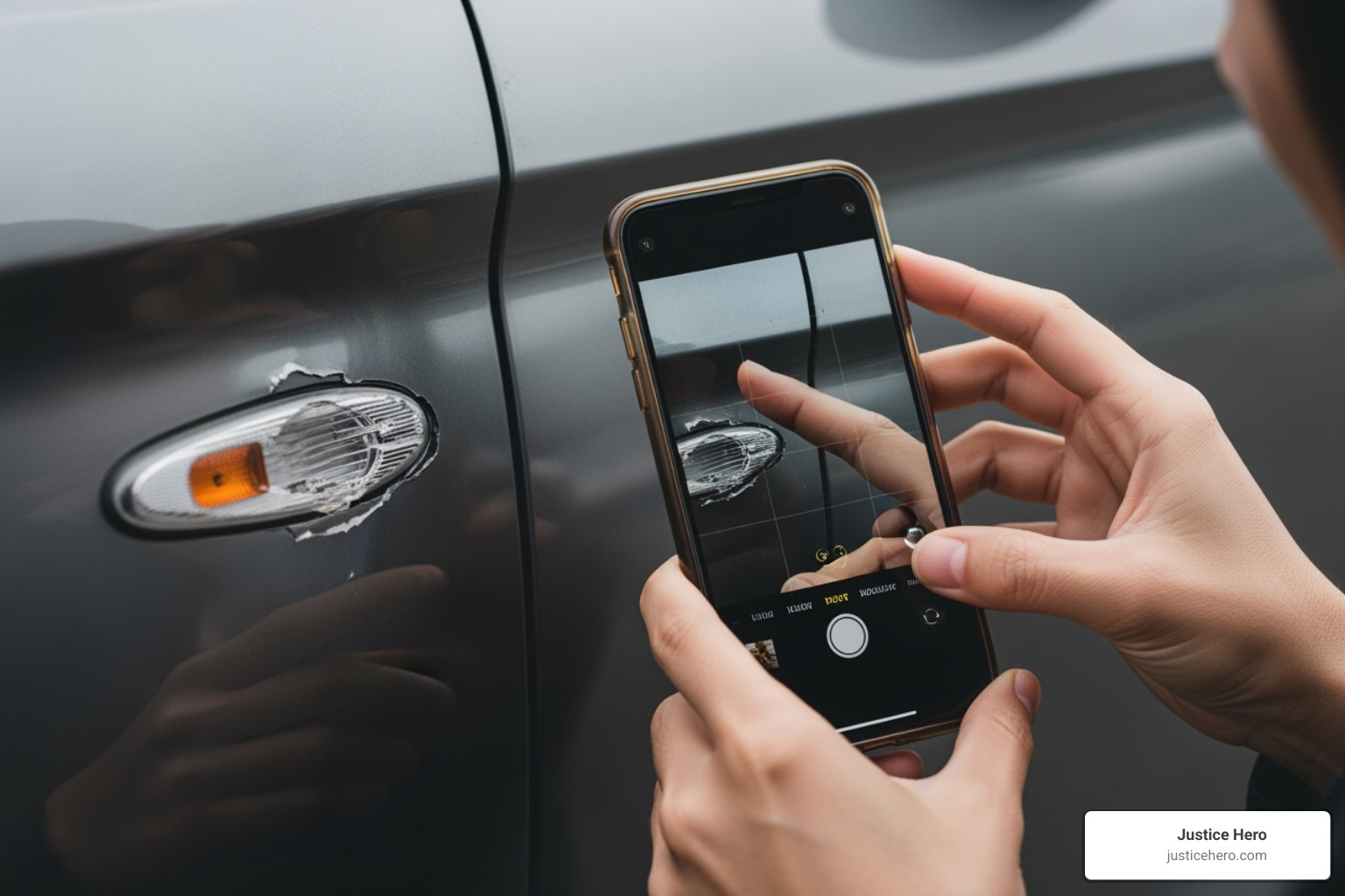 a person taking photos of car damage with their phone - hit and run lawsuit a person taking photos of car damage with their phone - hit and run lawsuit