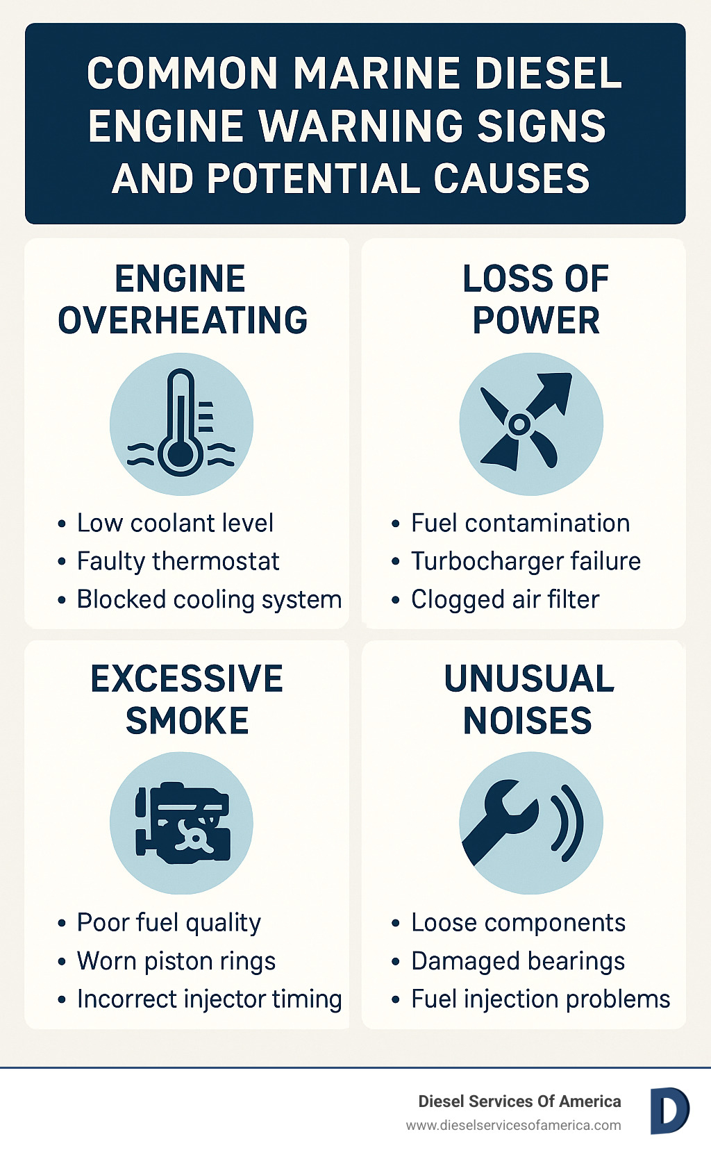 Infographic detailing common marine diesel engine warning signs and their potential causes. - marine diesel service south florida infographic 